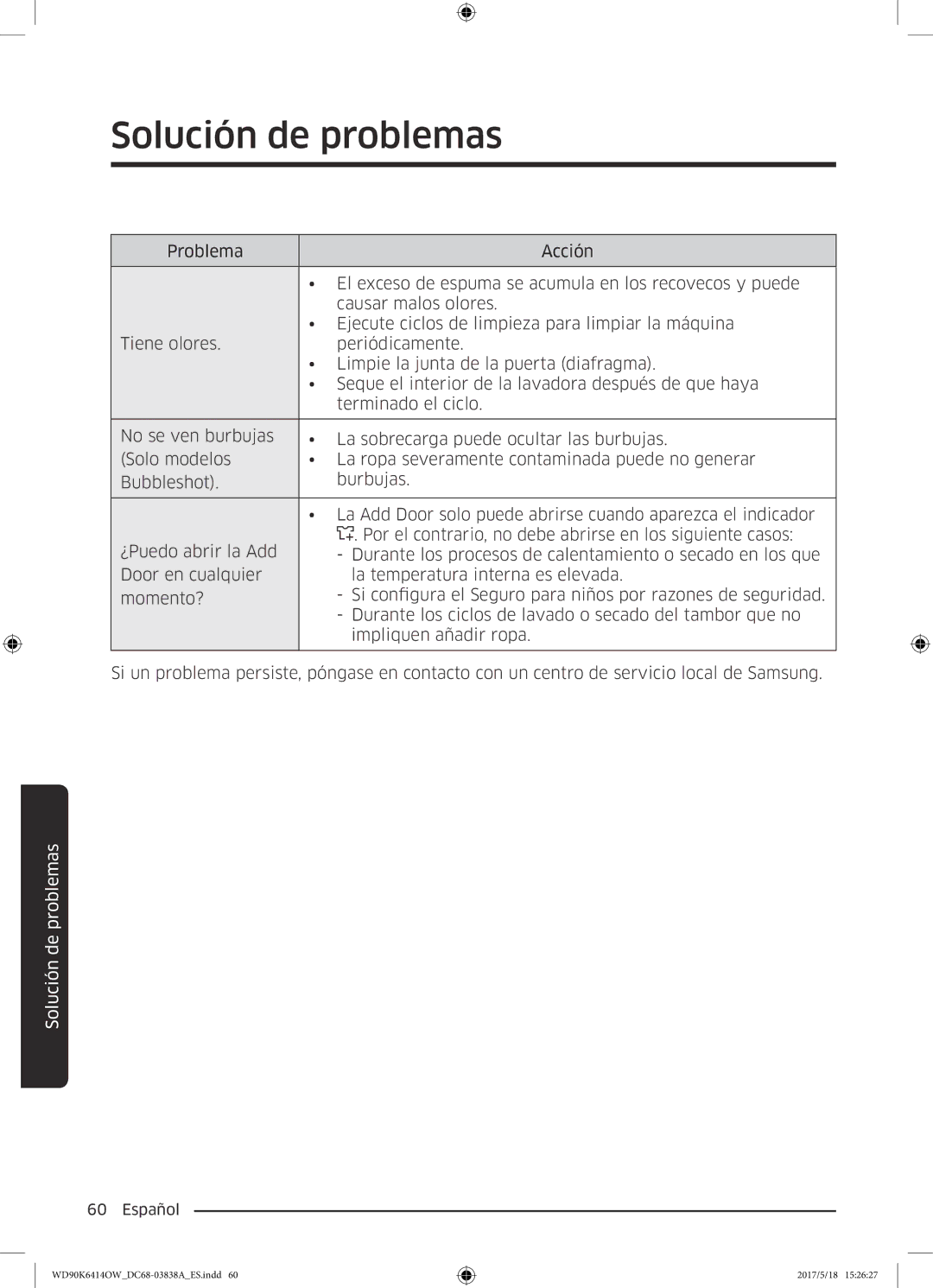 Samsung WD90K6414OW/EC manual Solución de problemas 