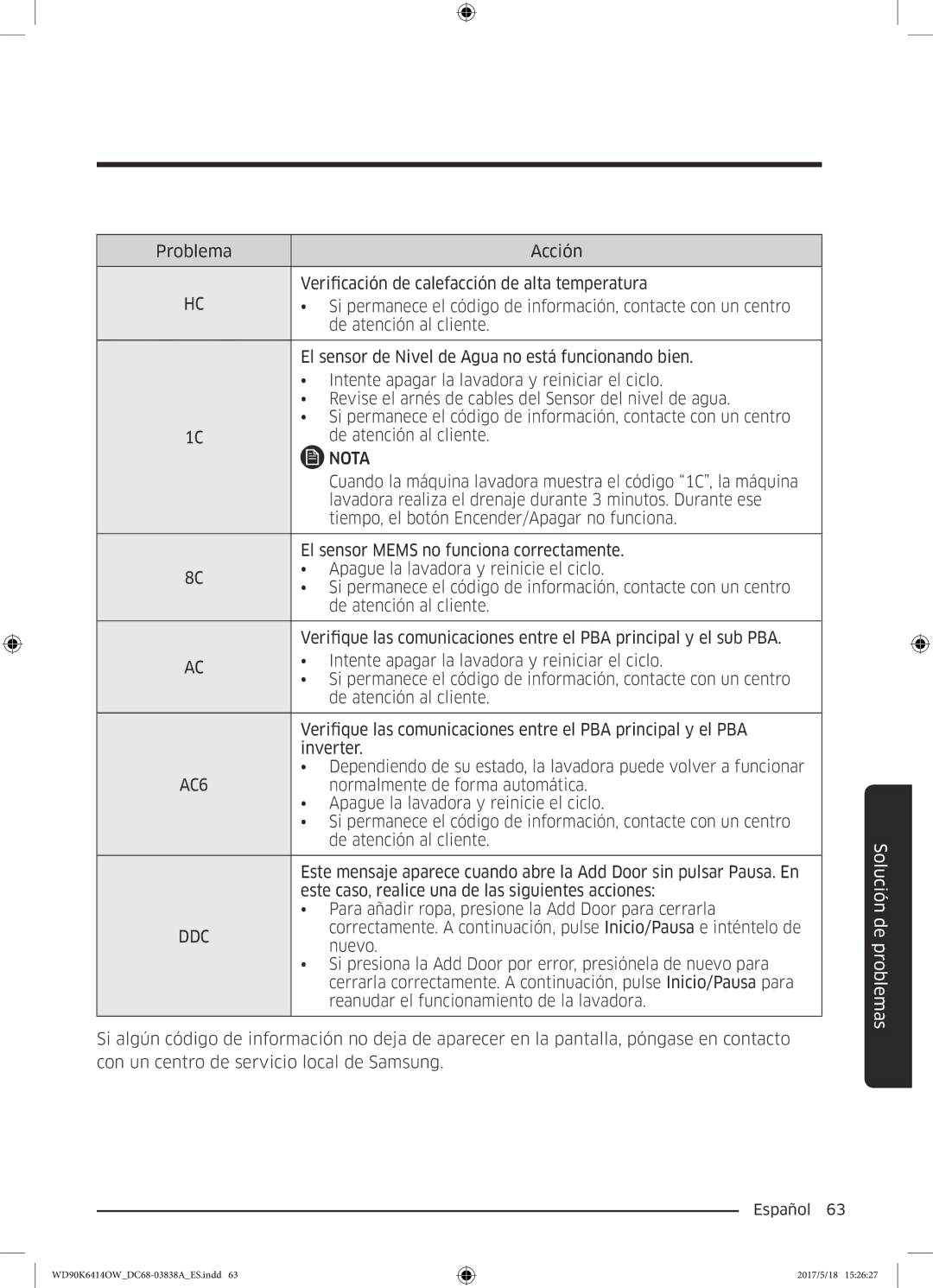 Samsung WD90K6414OW/EC manual Cuando la máquina lavadora muestra el código 1C, la máquina 