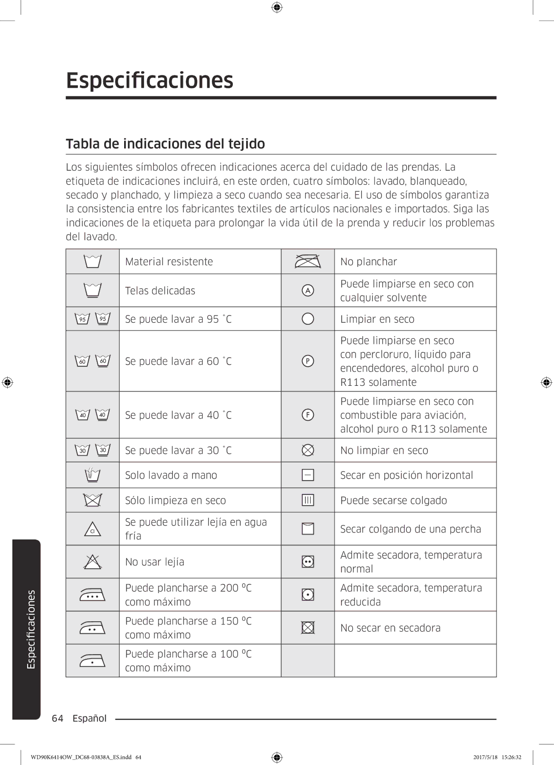 Samsung WD90K6414OW/EC manual Especificaciones, Tabla de indicaciones del tejido 