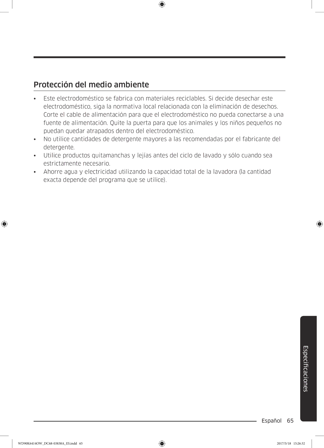 Samsung WD90K6414OW/EC manual Protección del medio ambiente 