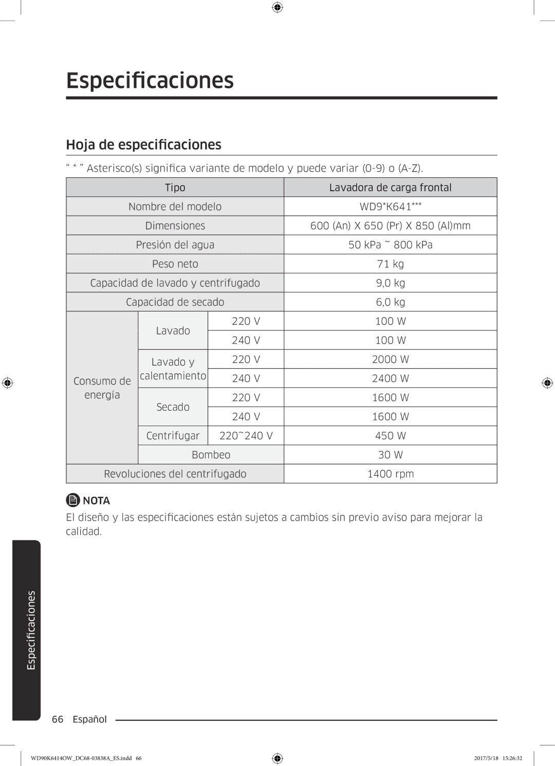 Samsung WD90K6414OW/EC manual Hoja de especificaciones 