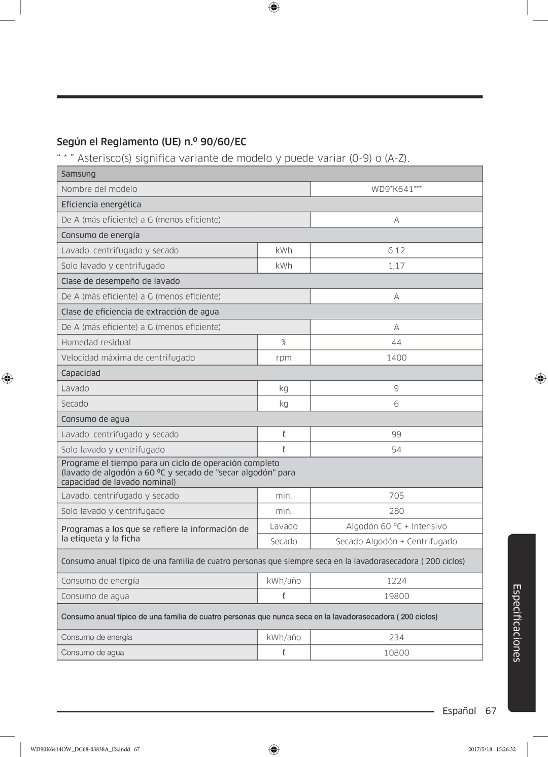 Samsung WD90K6414OW/EC manual FicacionesEspeci 