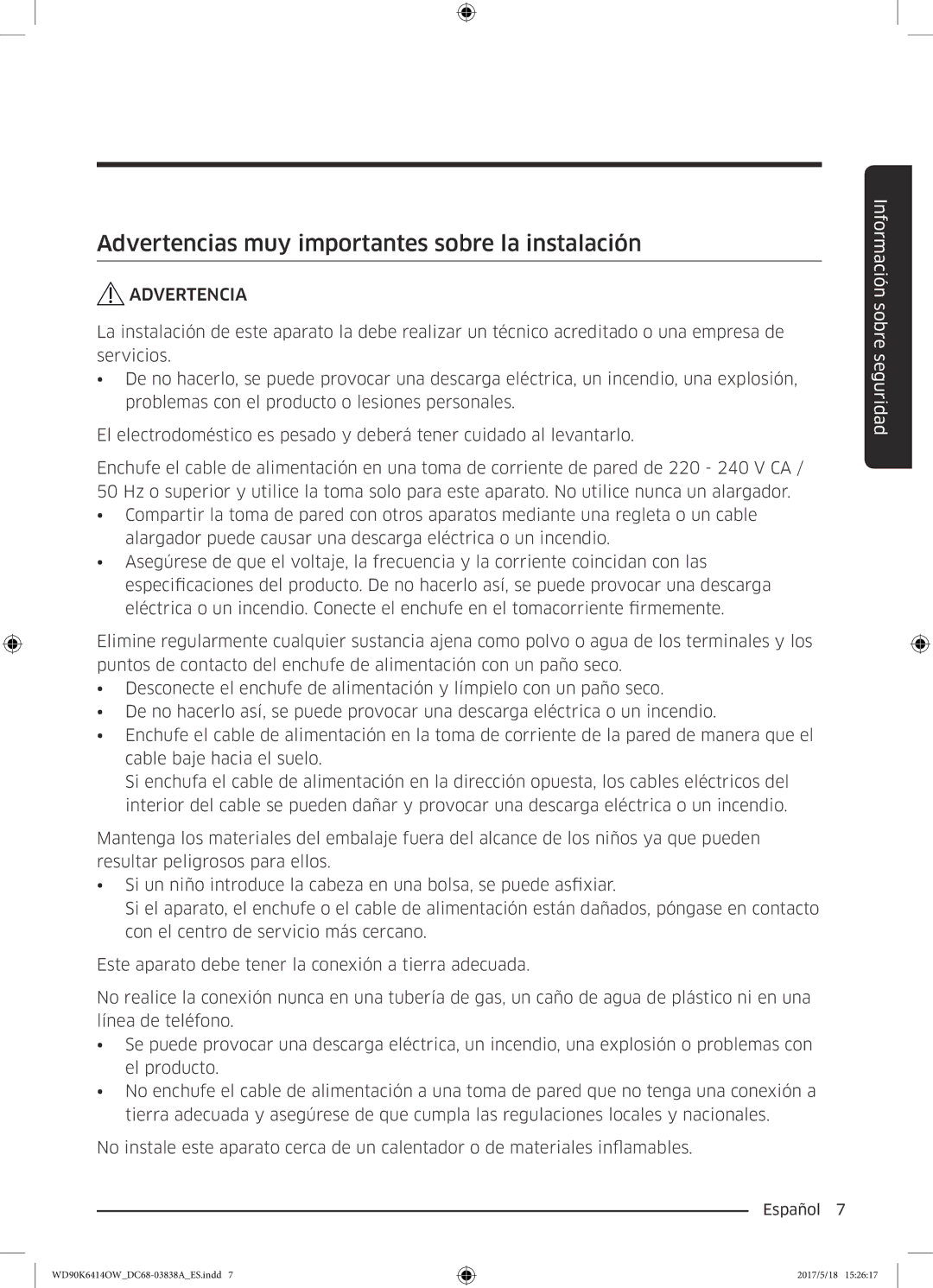 Samsung WD90K6414OW/EC manual Advertencias muy importantes sobre la instalación 