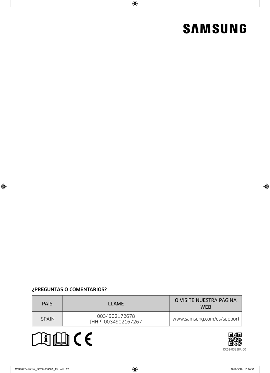 Samsung WD90K6414OW/EC manual ¿PREGUNTAS O COMENTARIOS? País Llame Visite Nuestra Página 