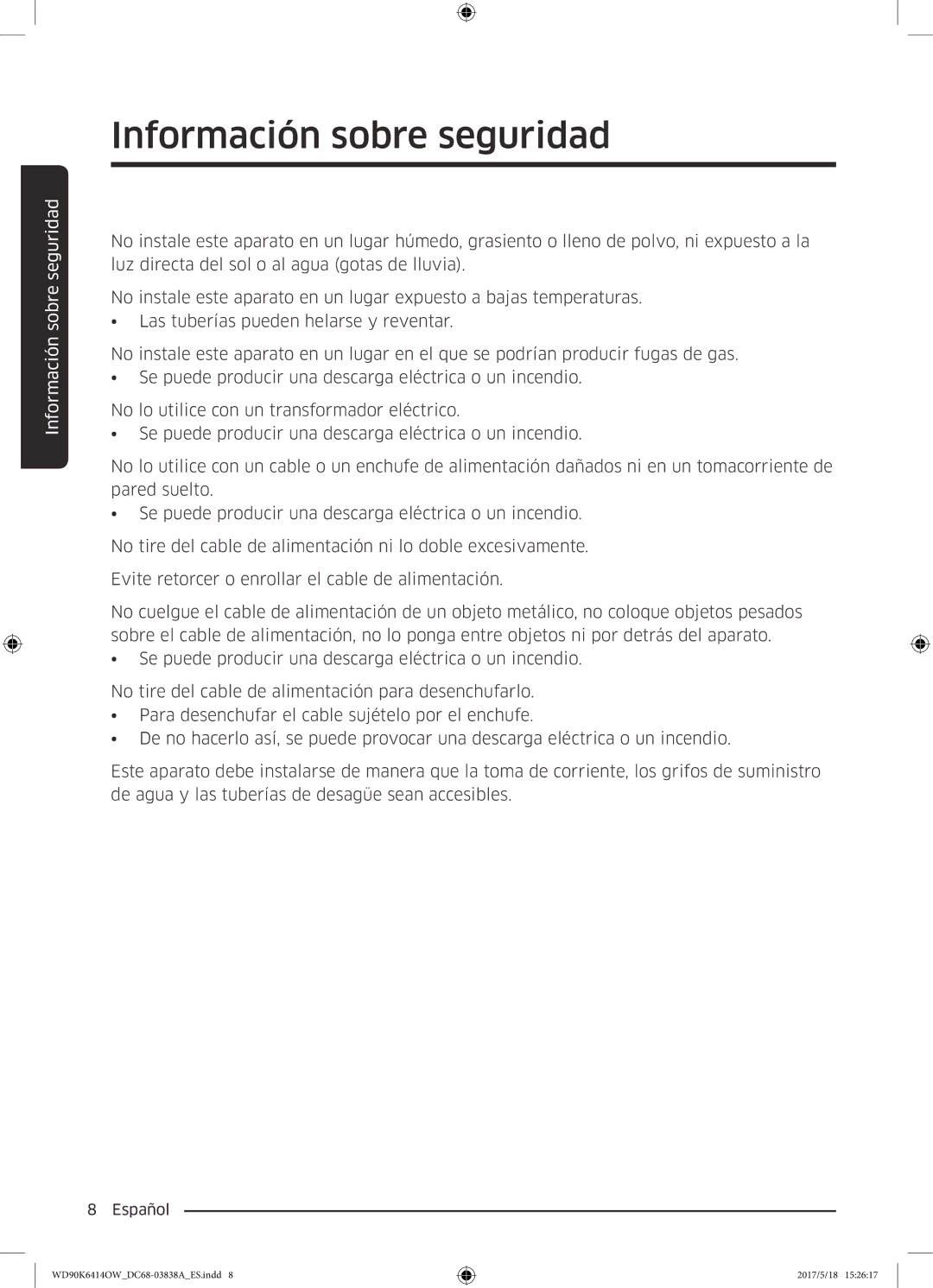 Samsung WD90K6414OW/EC manual Información sobre seguridad 