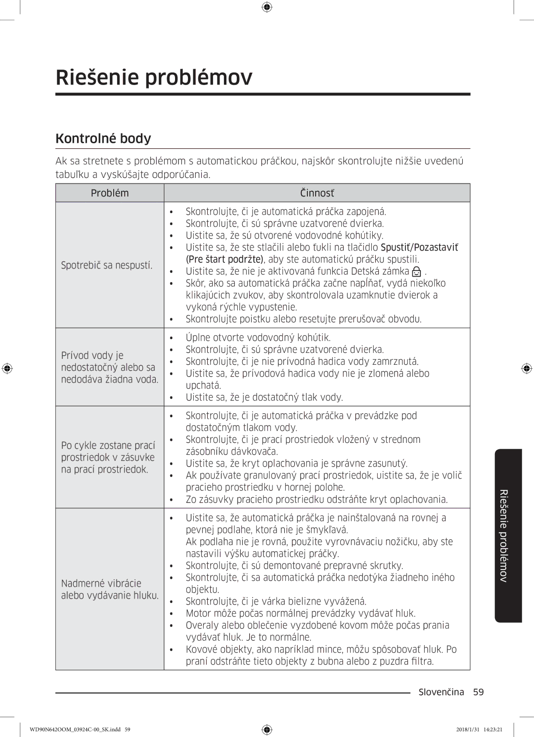 Samsung WD90N642OOM/ZE manual Riešenie problémov, Kontrolné body 