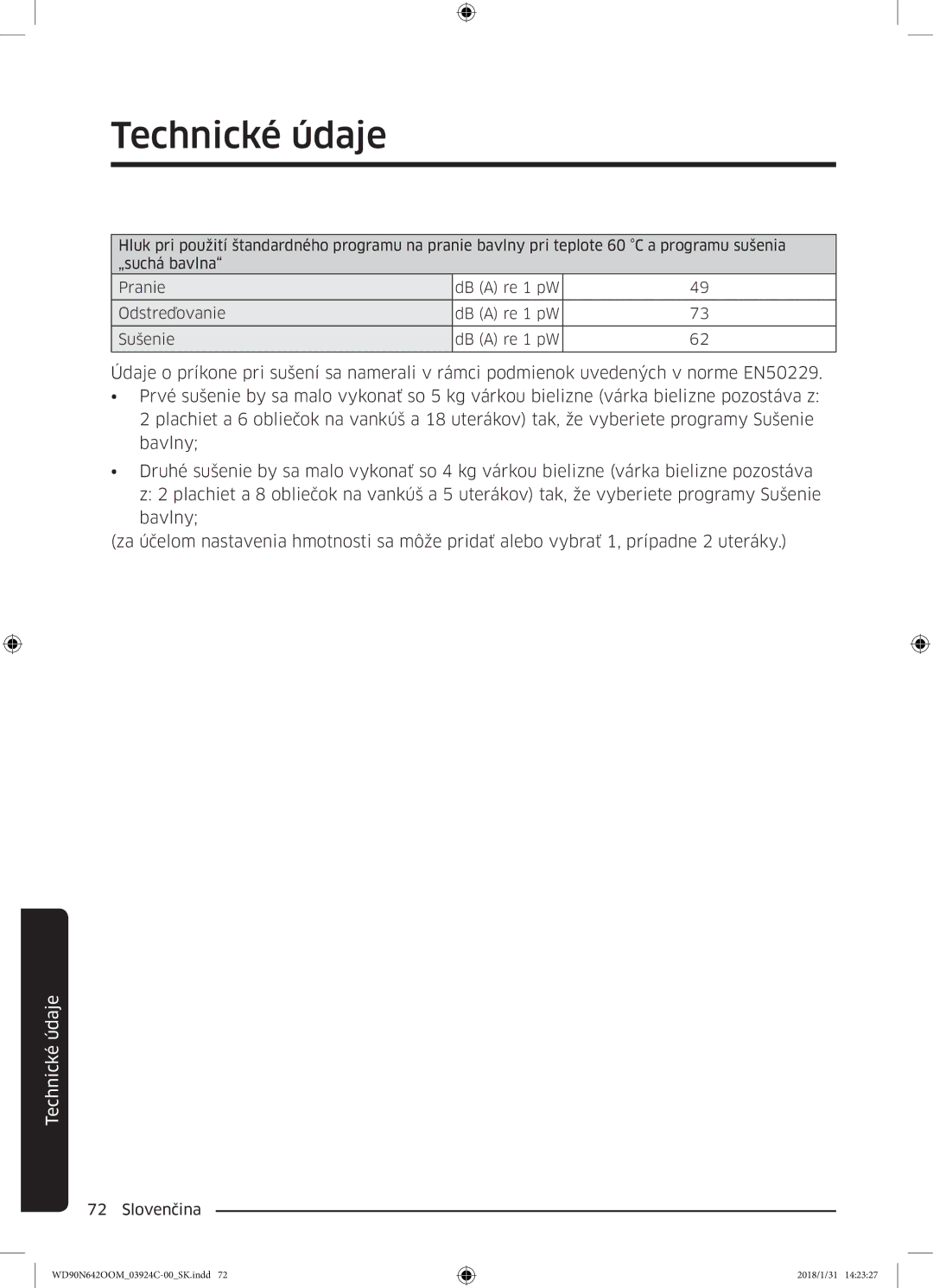 Samsung WD90N642OOM/ZE manual Technické údaje 