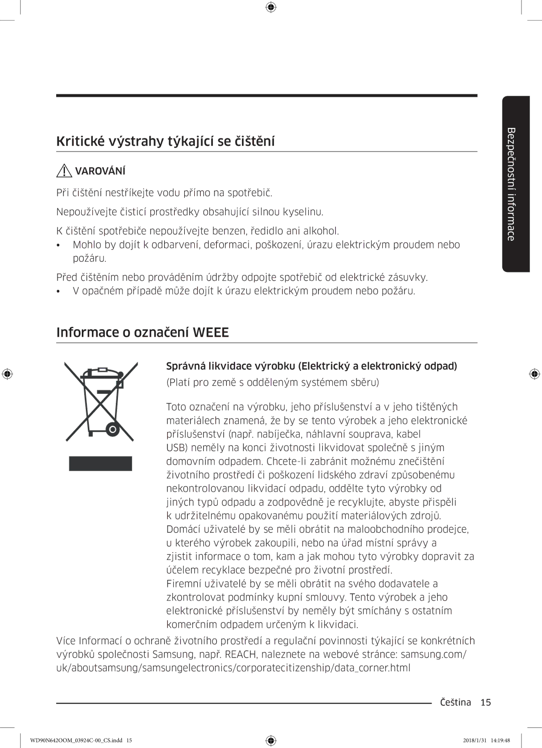 Samsung WD90N642OOM/ZE manual Kritické výstrahy týkající se čištění, Informace o označení Weee 