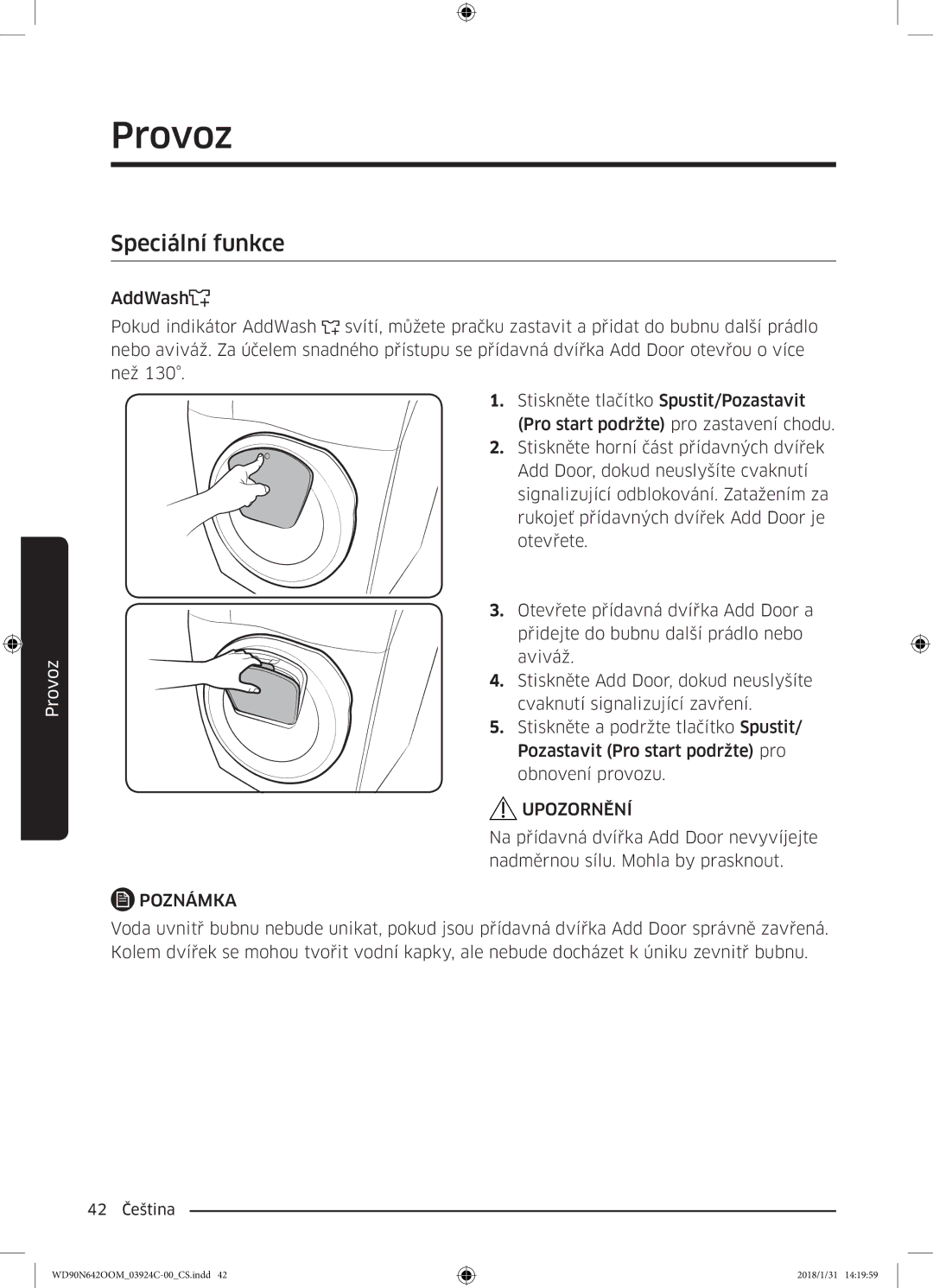 Samsung WD90N642OOM/ZE manual Speciální funkce, Upozornění 