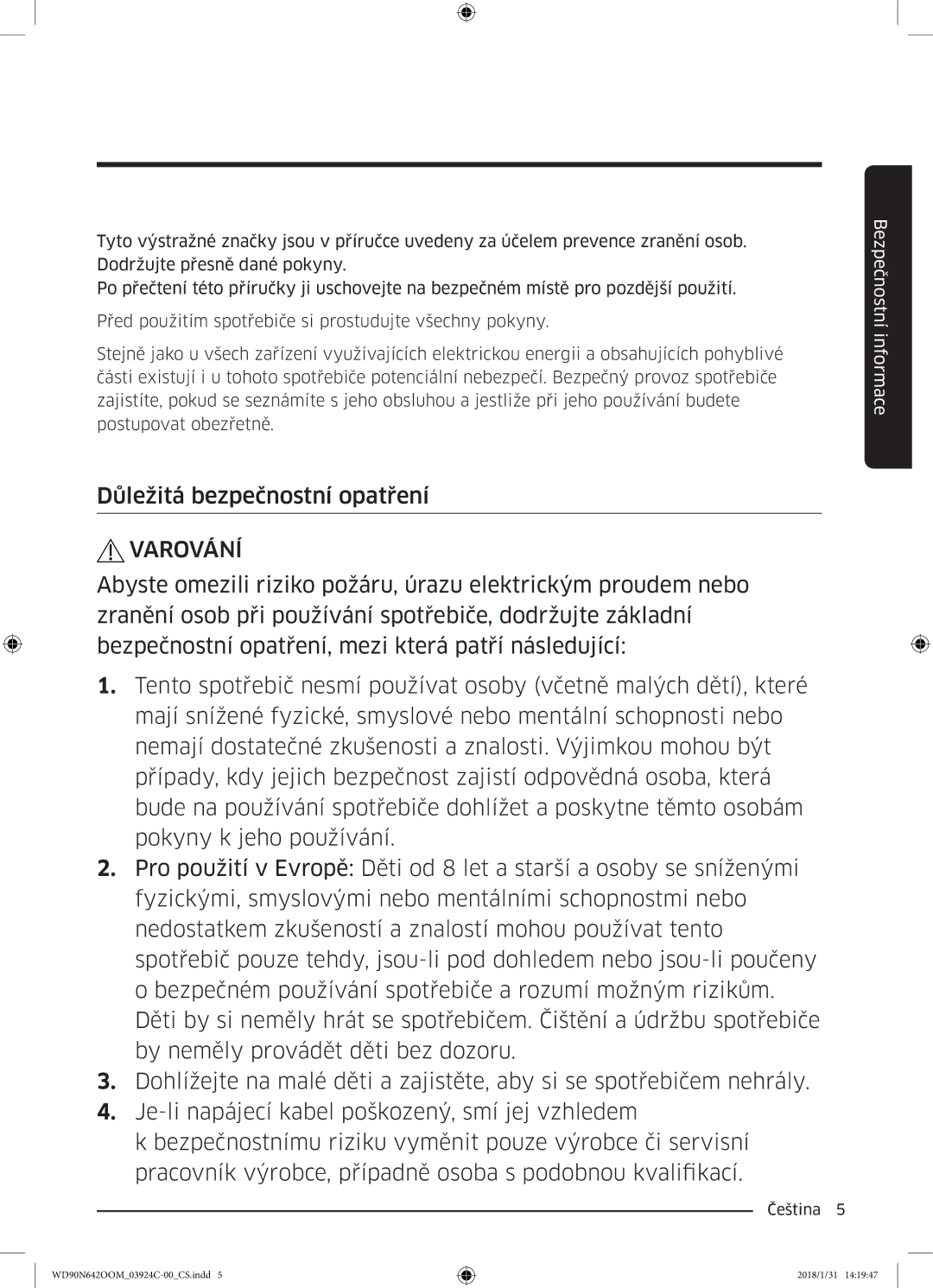 Samsung WD90N642OOM/ZE manual Důležitá bezpečnostní opatření, Varování 