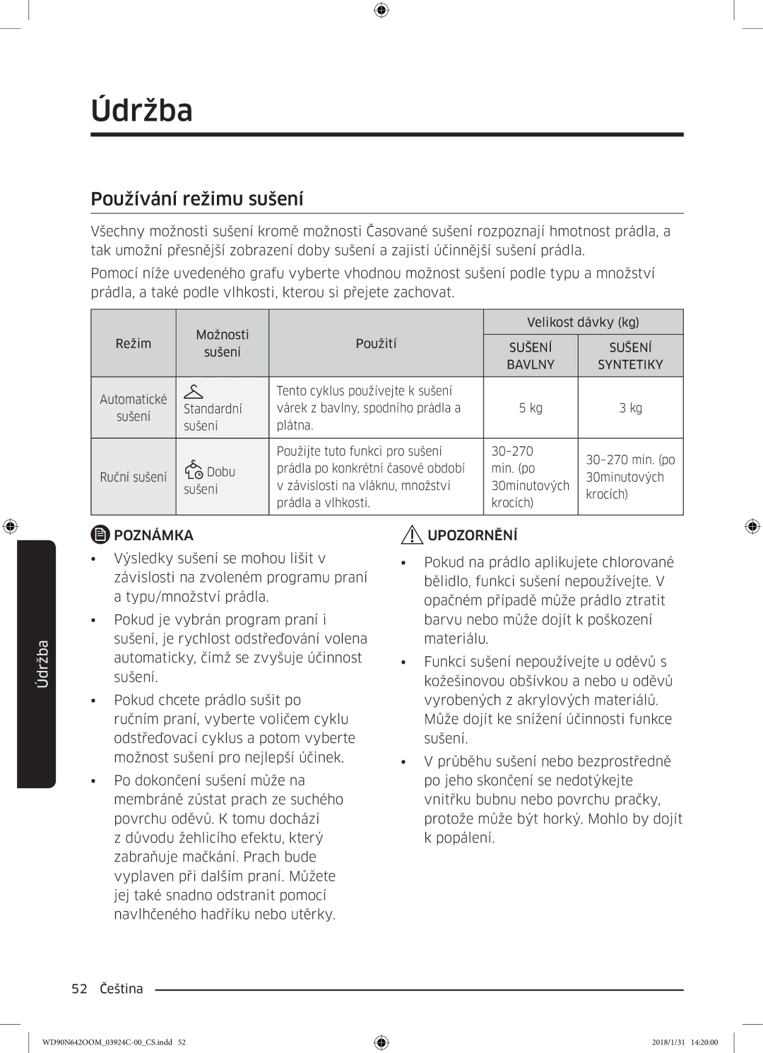 Samsung WD90N642OOM/ZE manual Používání režimu sušení, Bavlny Syntetiky 