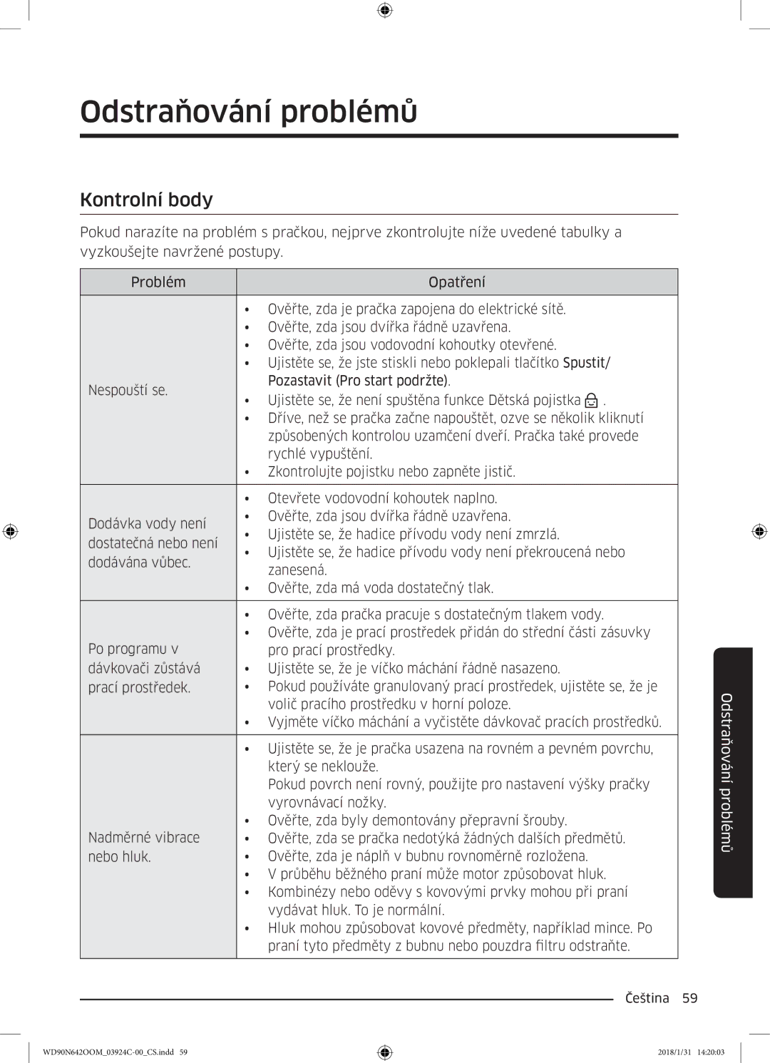 Samsung WD90N642OOM/ZE manual Odstraňování problémů, Kontrolní body 