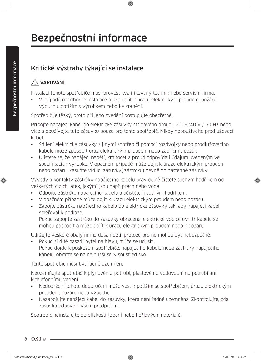 Samsung WD90N642OOM/ZE manual Kritické výstrahy týkající se instalace, Varování 