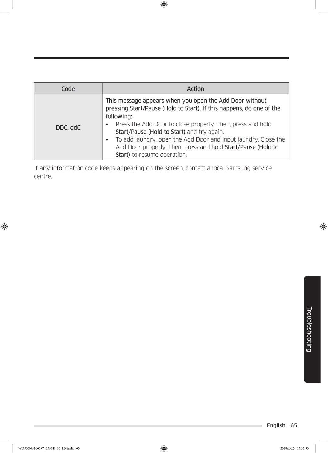 Samsung WD90N642OOW/EE manual Press the Add Door to close properly. Then, press and hold 