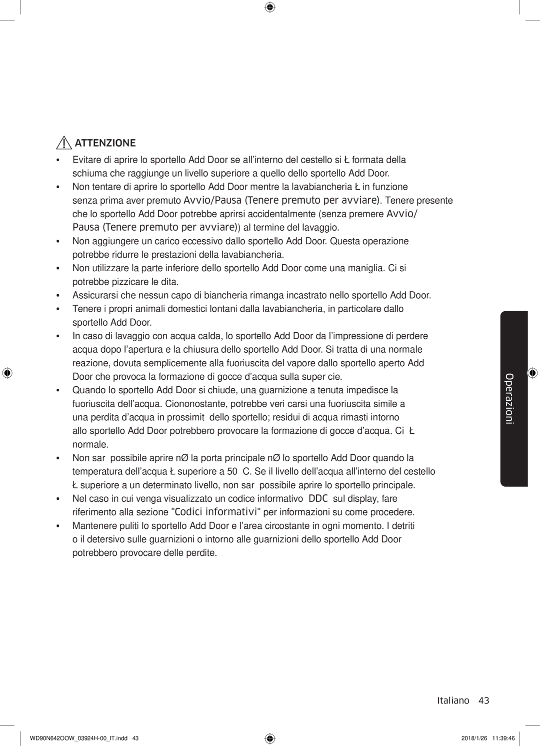 Samsung WD90N642OOW/ET manual Attenzione 