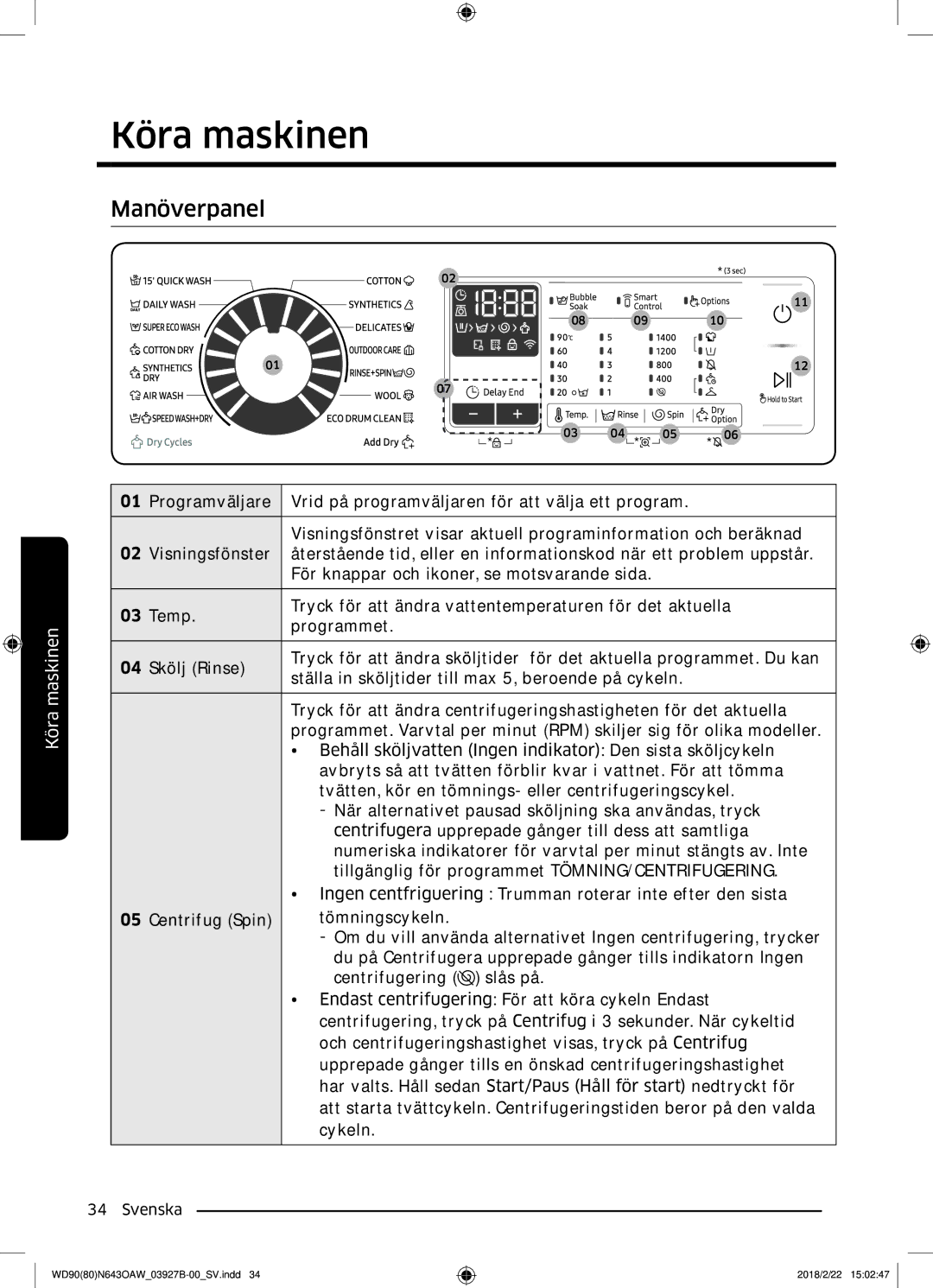 Samsung WD90N643OAW/EE manual Köra maskinen, Manöverpanel 