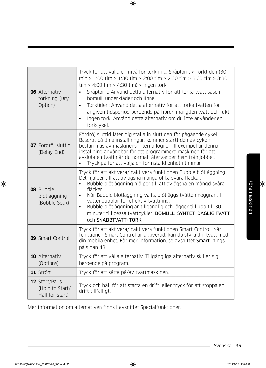 Samsung WD90N643OAW/EE manual Tryck för att välja en nivå för torkning Skåptorrt Torktiden 