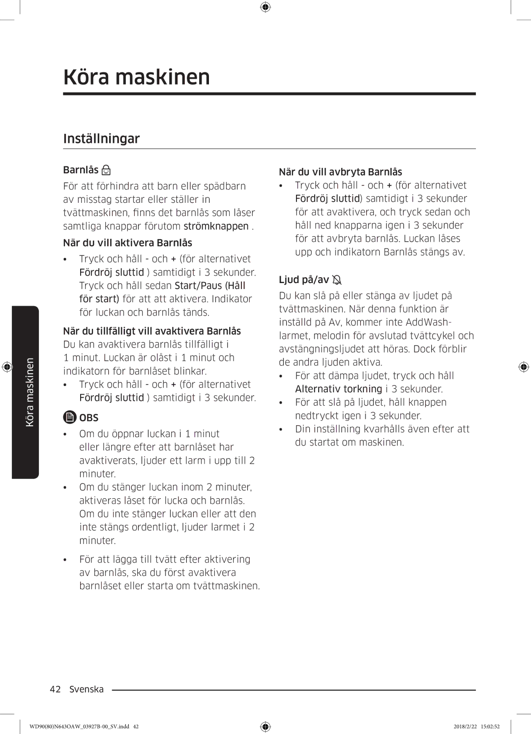 Samsung WD90N643OAW/EE manual Inställningar 