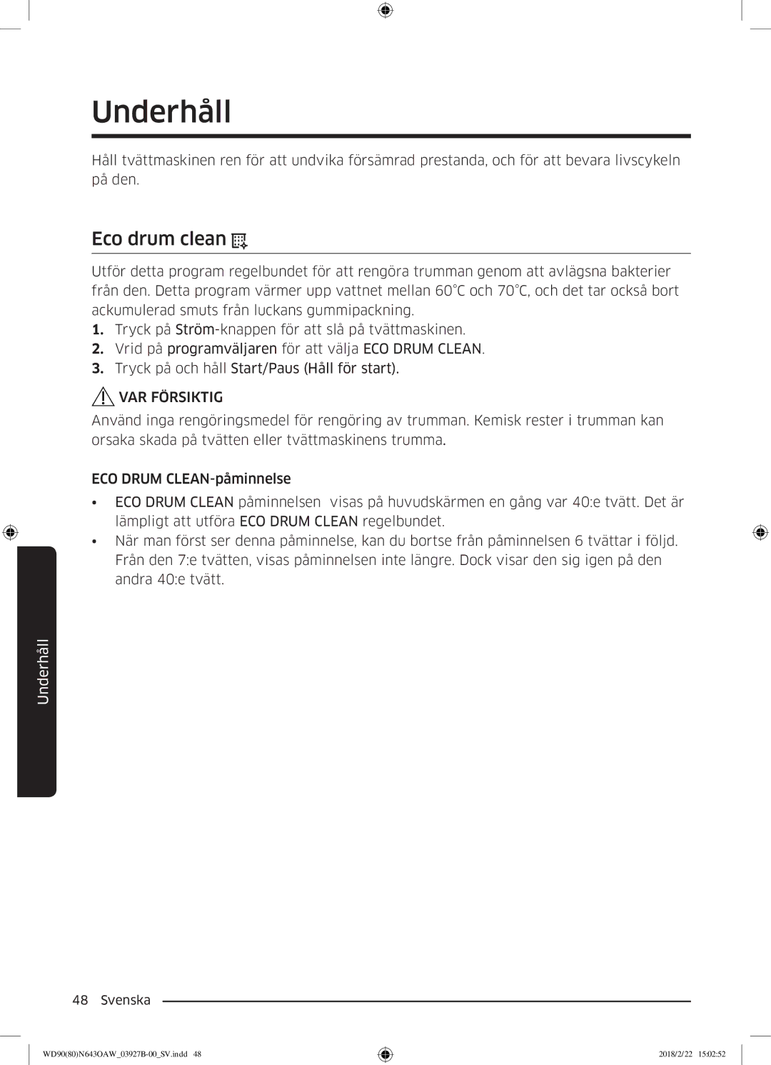 Samsung WD90N643OAW/EE manual Underhåll, Eco drum clean 