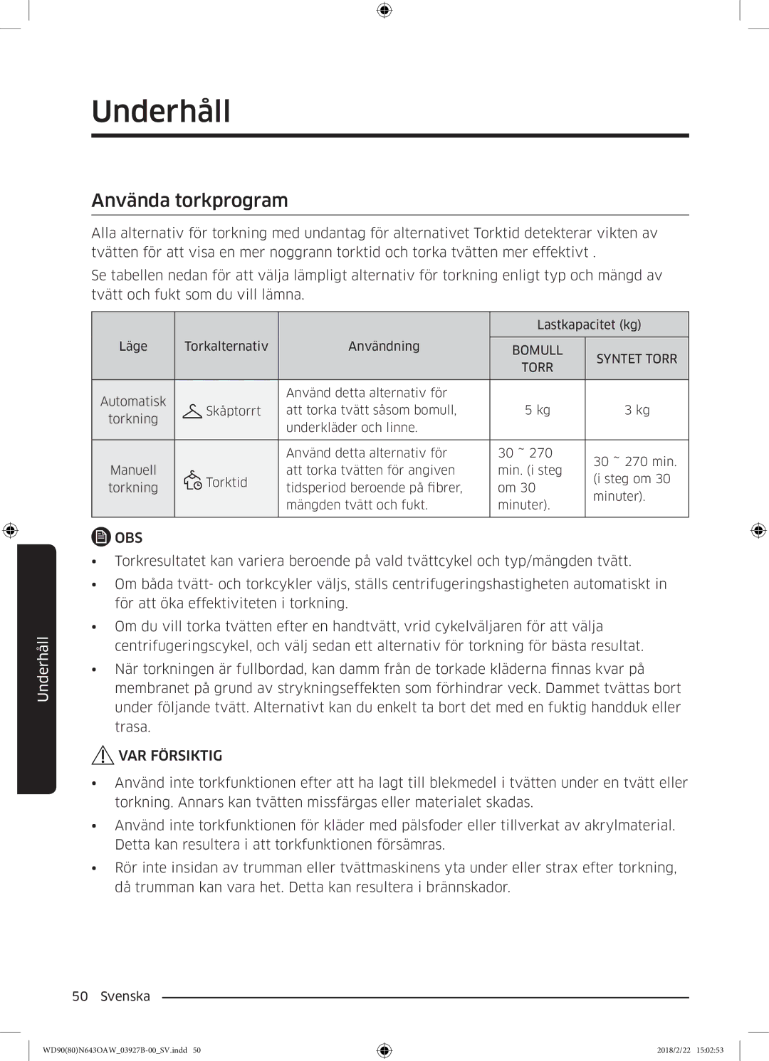 Samsung WD90N643OAW/EE manual Använda torkprogram, Bomull 