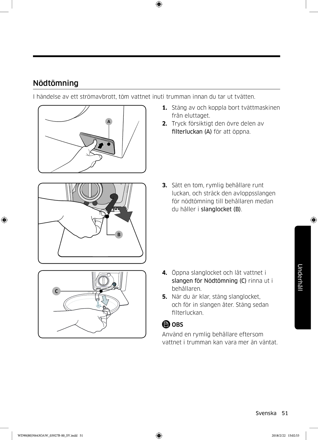 Samsung WD90N643OAW/EE manual Nödtömning 