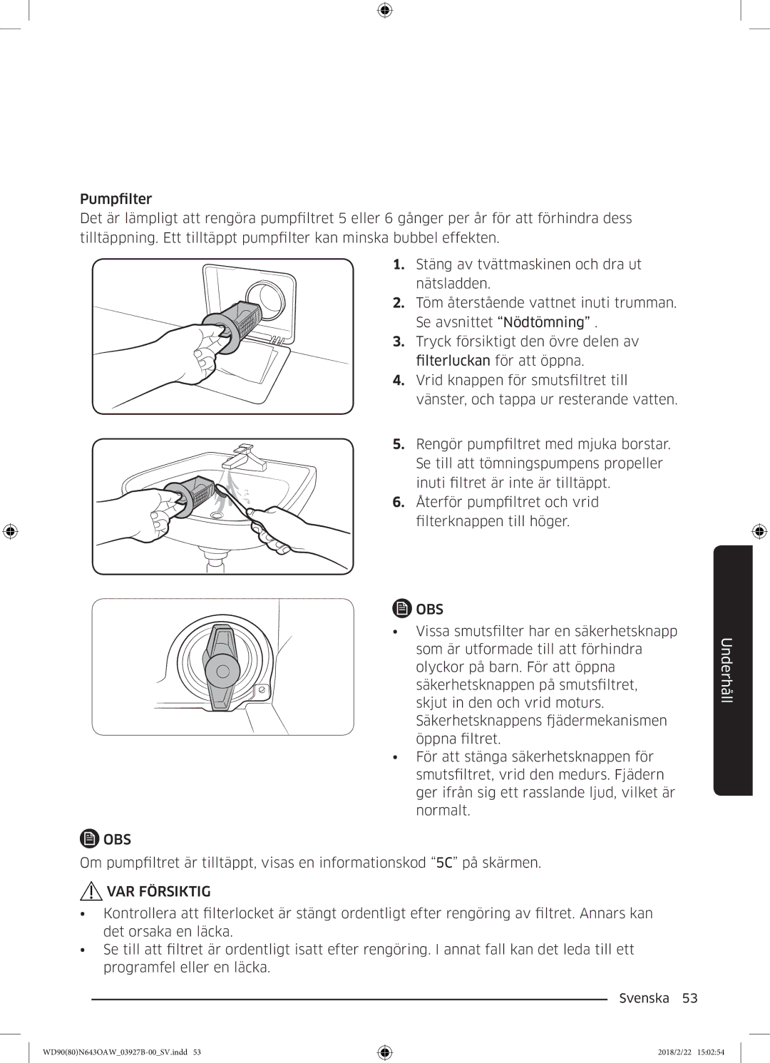 Samsung WD90N643OAW/EE manual VAR Försiktig 