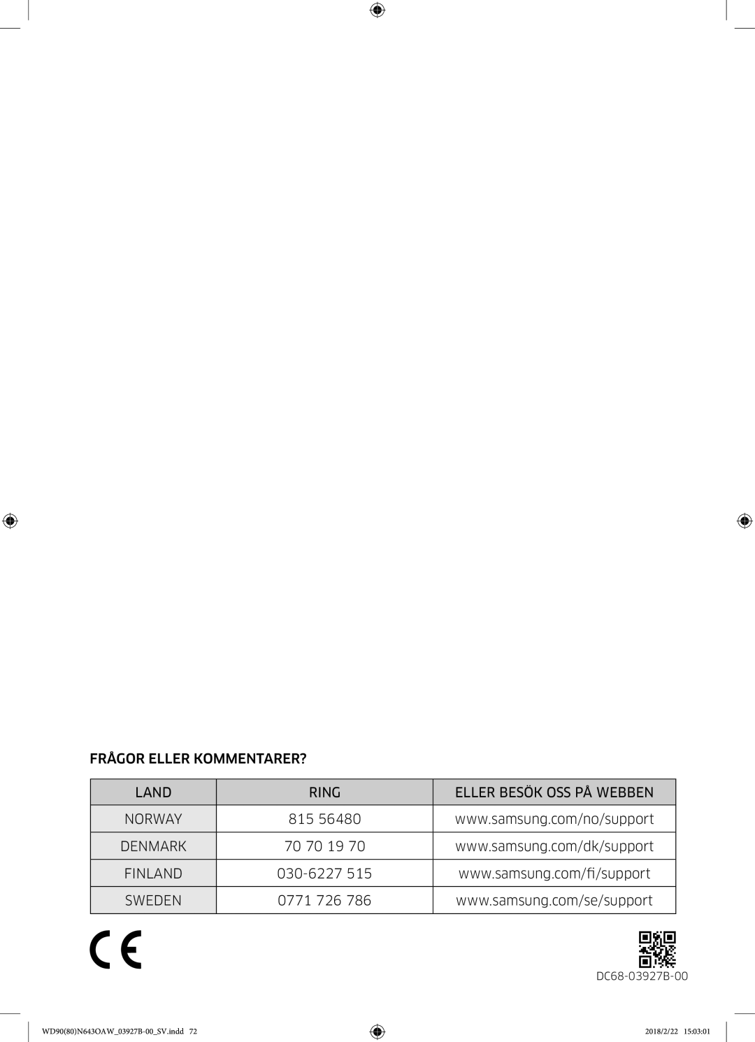 Samsung WD90N643OAW/EE manual Denmark 