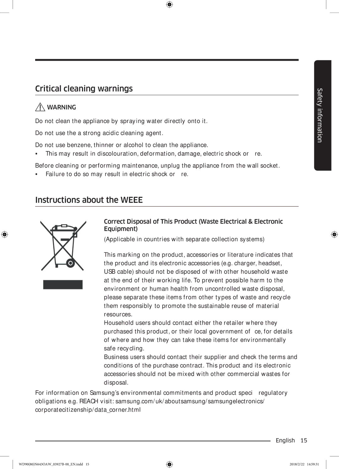 Samsung WD90N643OAW/EE manual Critical cleaning warnings, Instructions about the Weee 