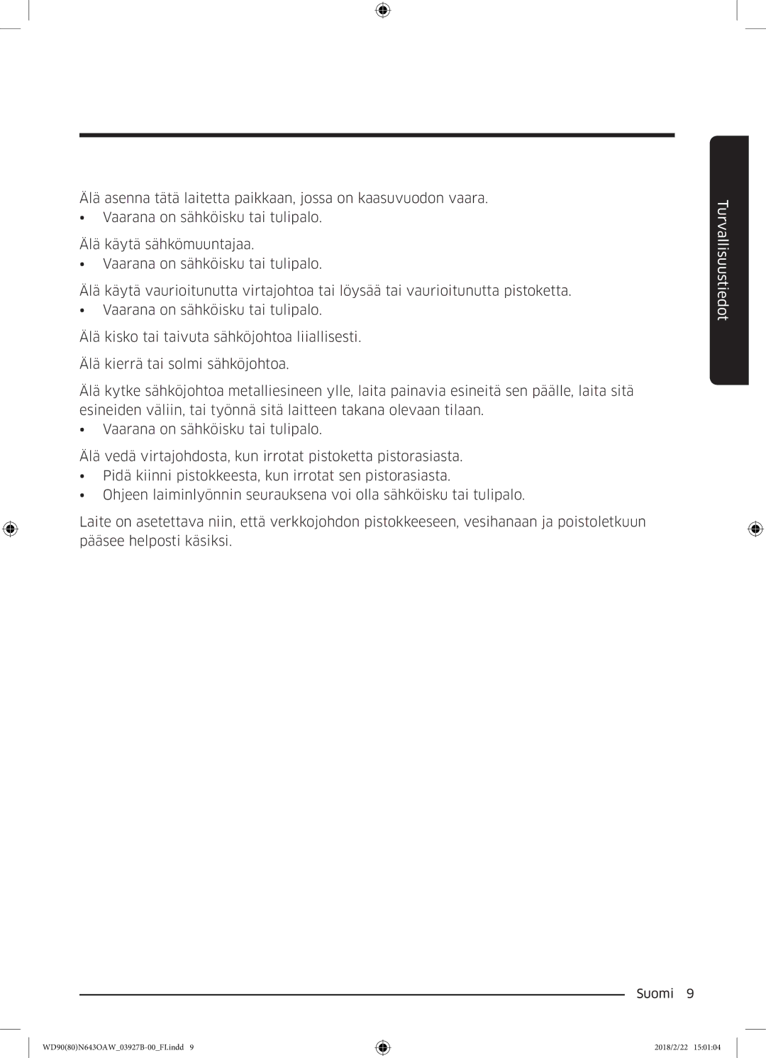 Samsung WD90N643OAW/EE manual Turvallisuustiedot 