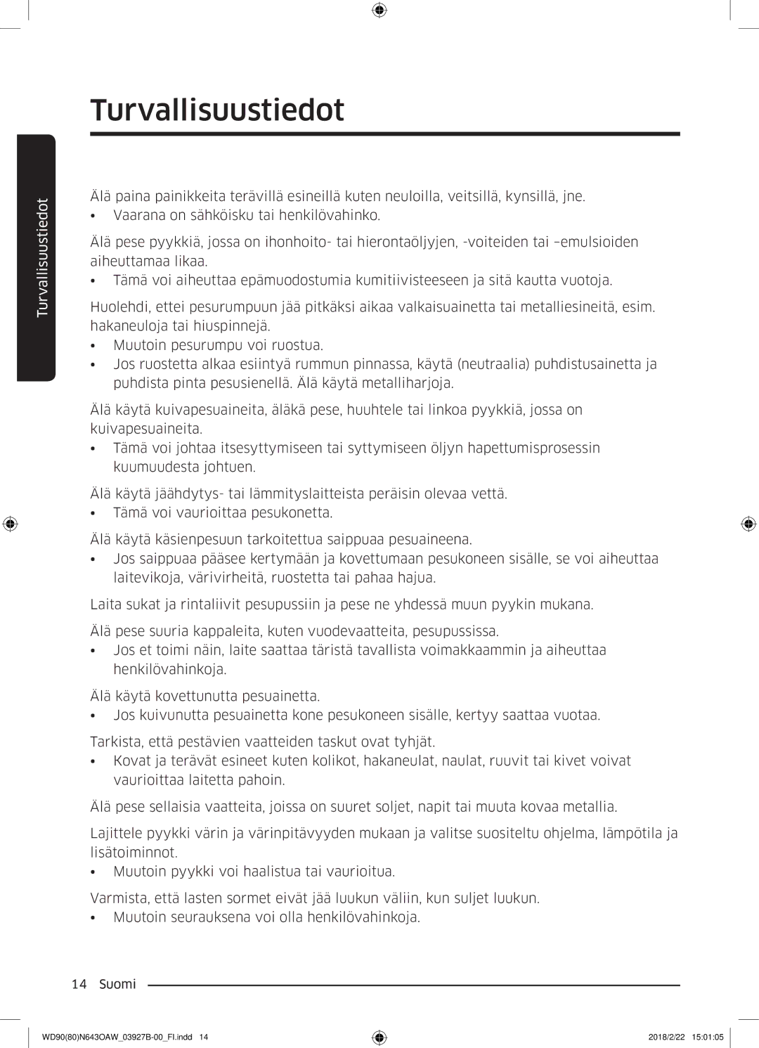 Samsung WD90N643OAW/EE manual Turvallisuustiedot 