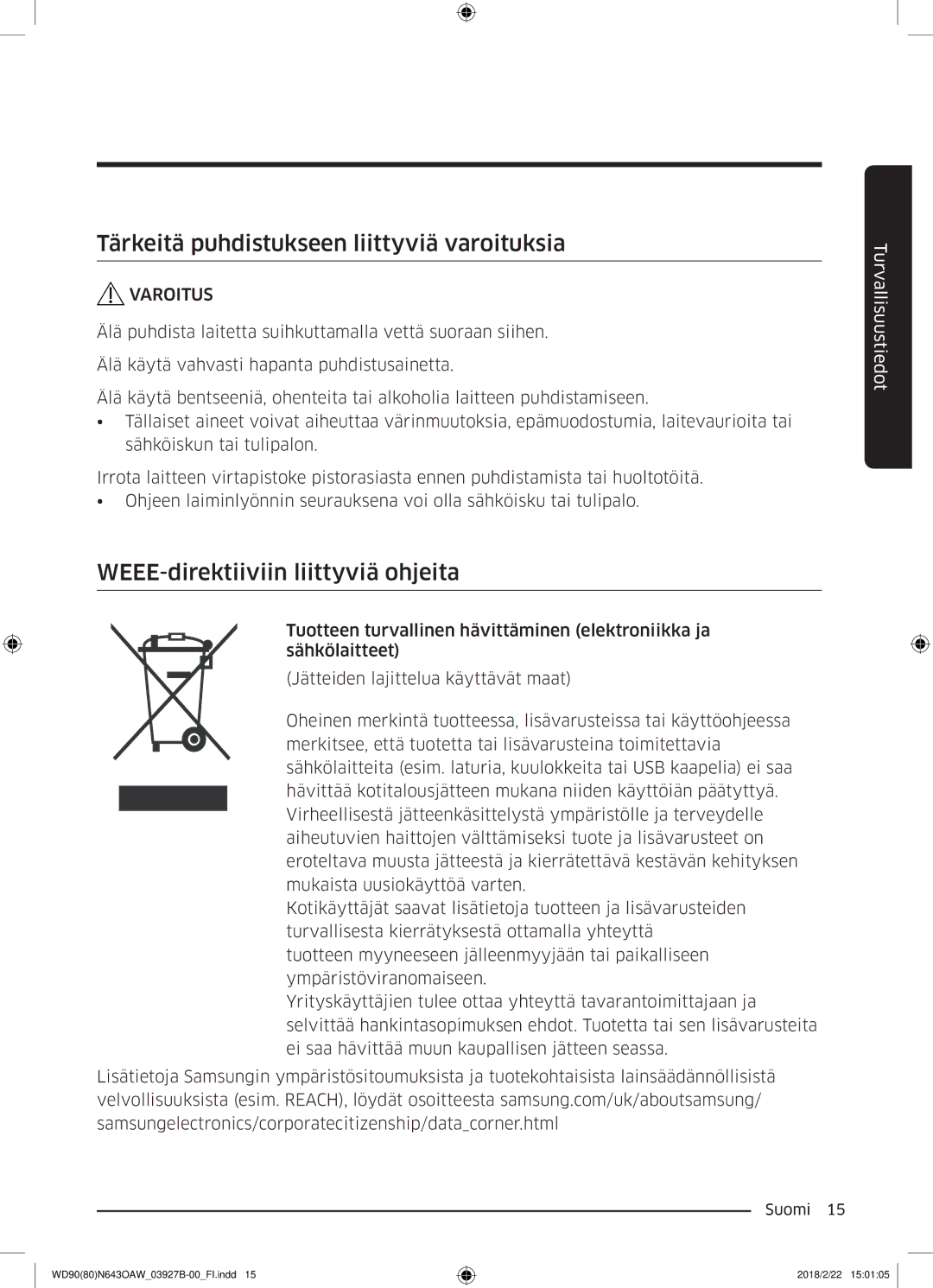 Samsung WD90N643OAW/EE manual Tärkeitä puhdistukseen liittyviä varoituksia, WEEE-direktiiviin liittyviä ohjeita 