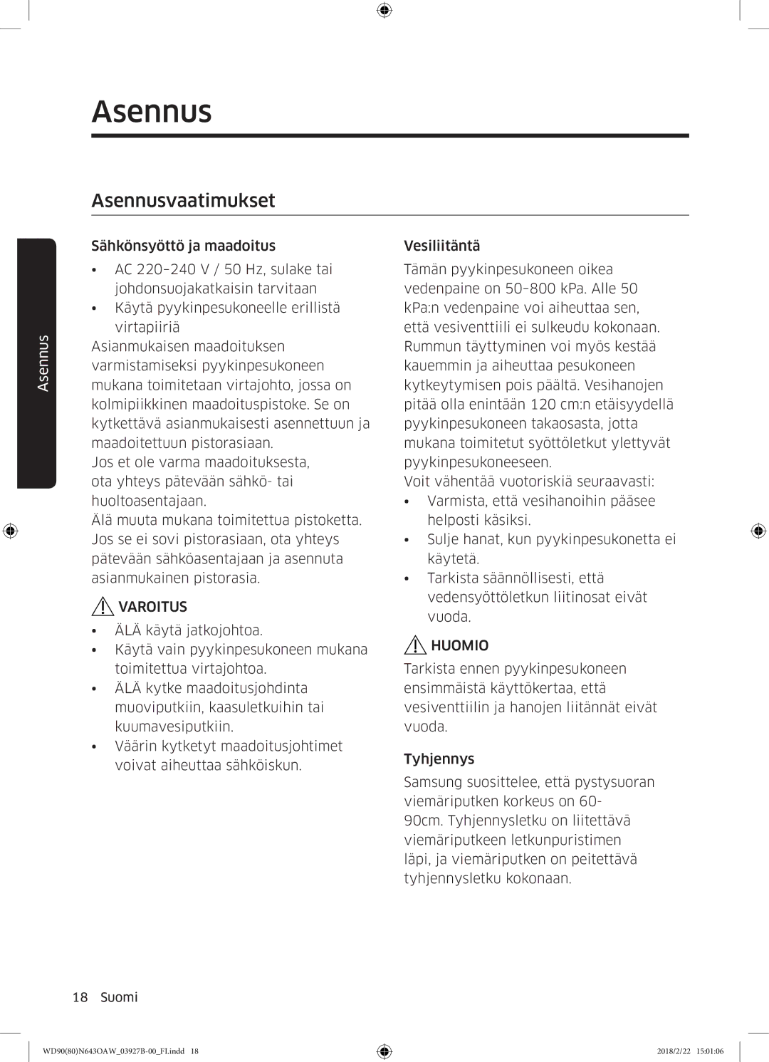 Samsung WD90N643OAW/EE manual Asennusvaatimukset 