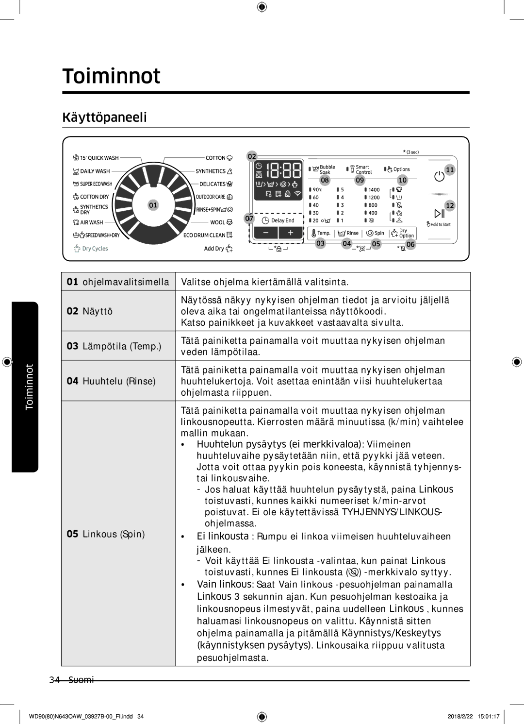 Samsung WD90N643OAW/EE manual Toiminnot, Käyttöpaneeli 