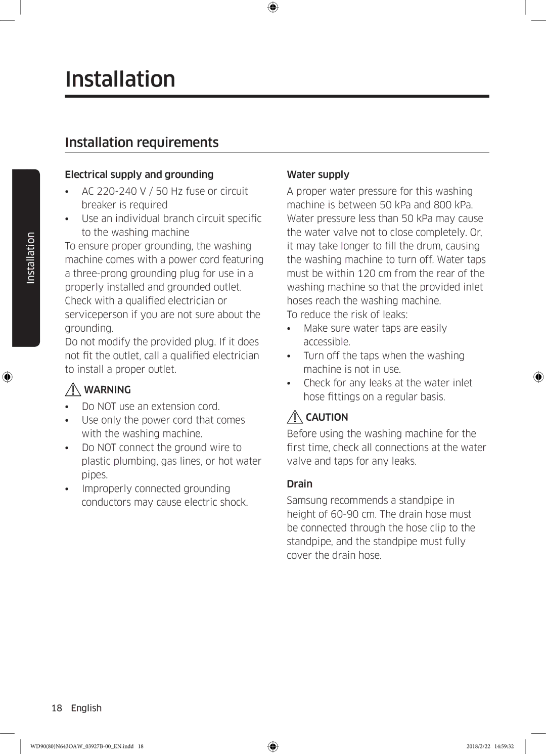 Samsung WD90N643OAW/EE manual Installation requirements 