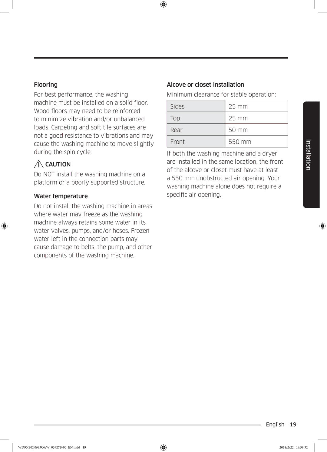 Samsung WD90N643OAW/EE manual Installation 