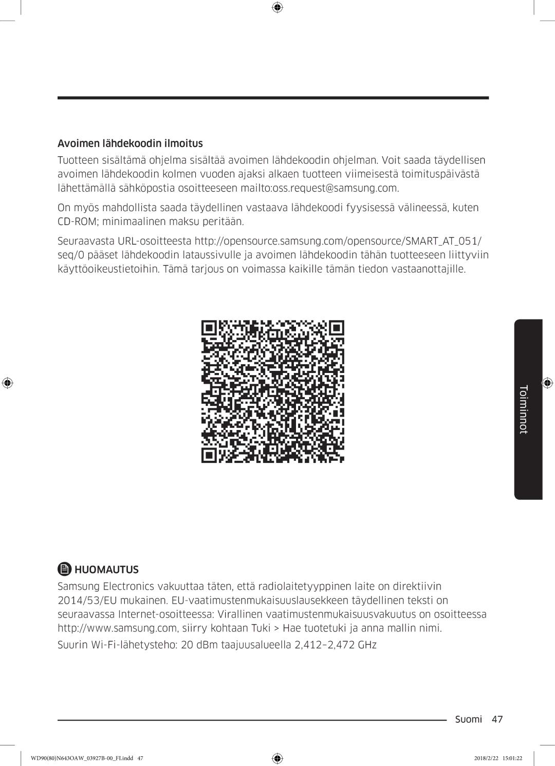 Samsung WD90N643OAW/EE manual Huomautus 