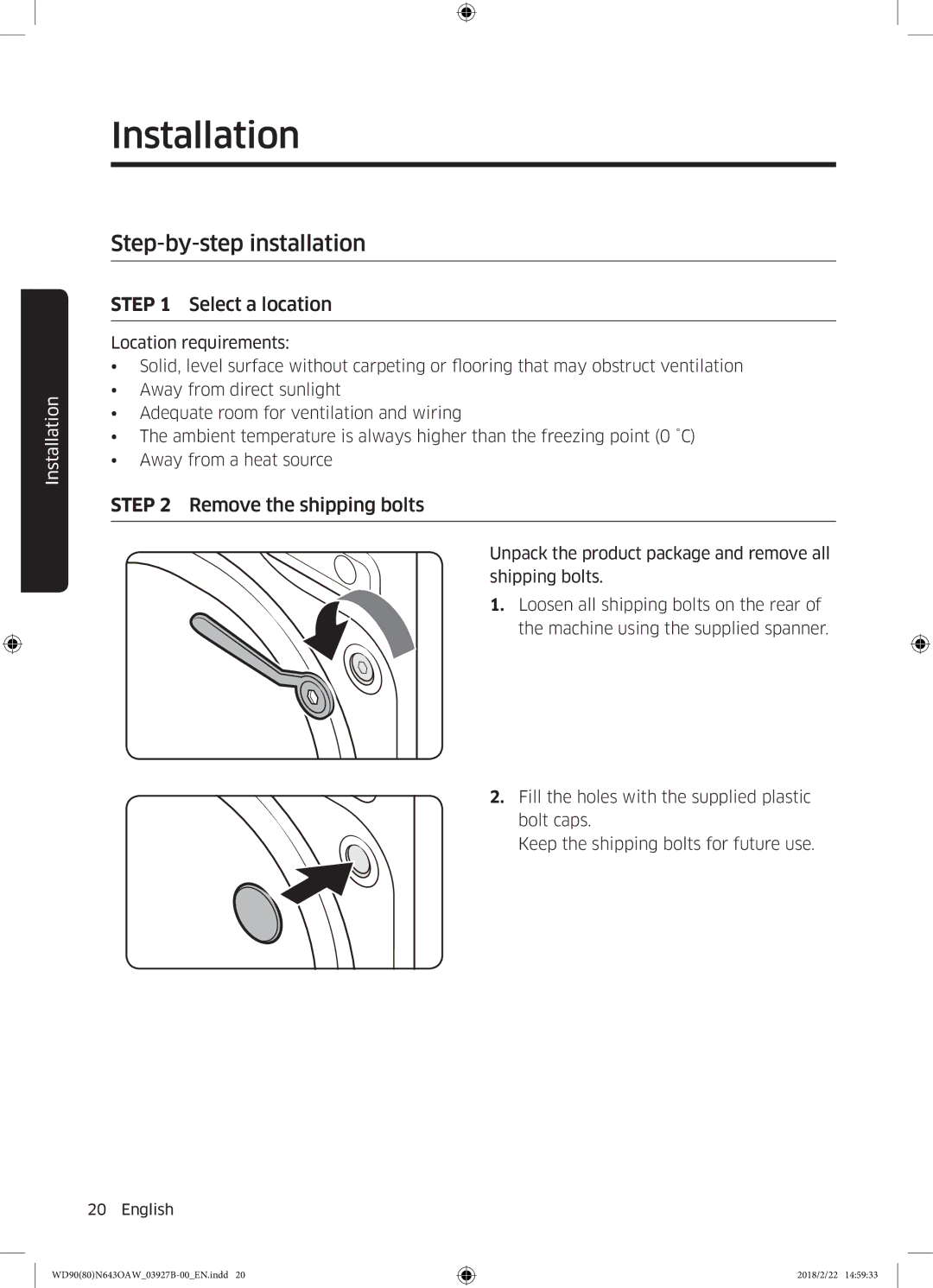 Samsung WD90N643OAW/EE manual Step-by-step installation, Select a location 