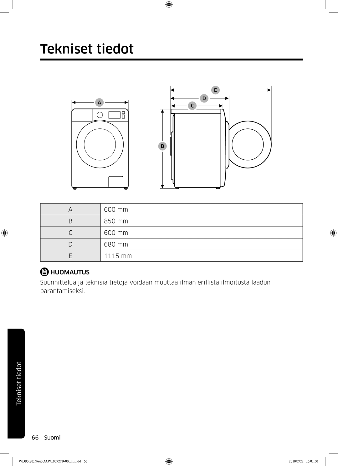 Samsung WD90N643OAW/EE manual Huomautus 