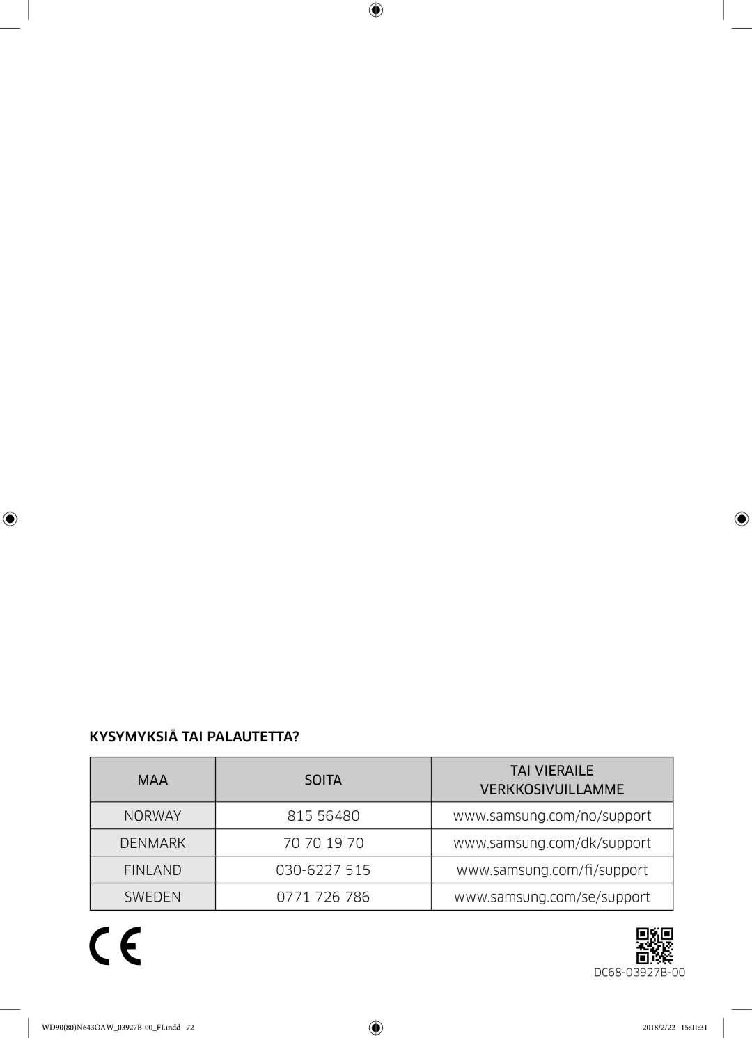 Samsung WD90N643OAW/EE manual Denmark 