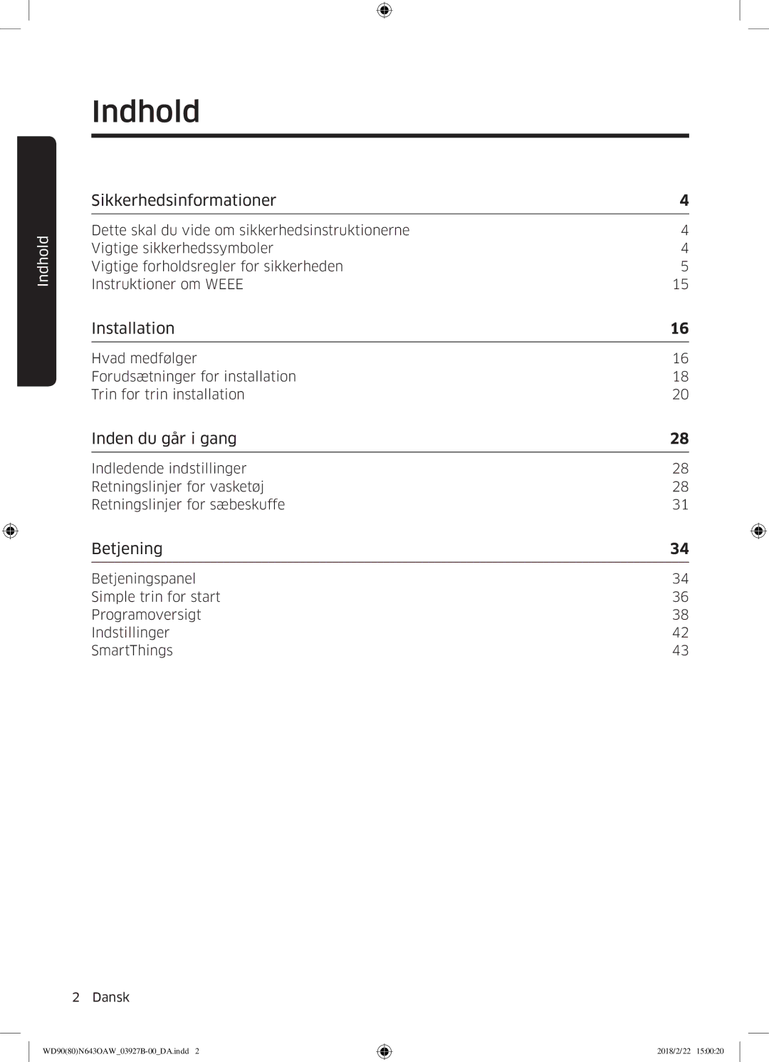 Samsung WD90N643OAW/EE manual Indhold, Sikkerhedsinformationer 