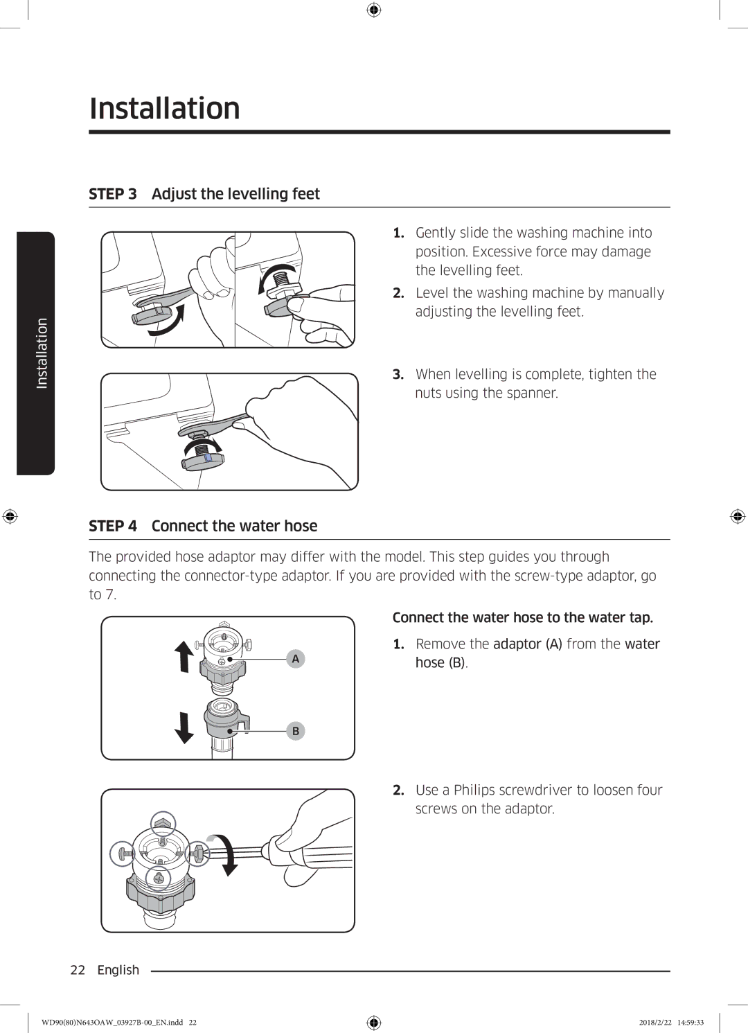 Samsung WD90N643OAW/EE manual Adjust the levelling feet 