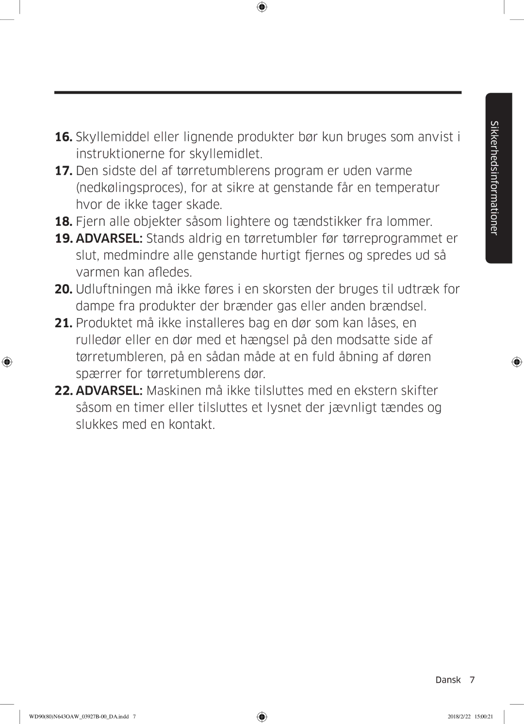 Samsung WD90N643OAW/EE manual Sikkerhedsinformationer 