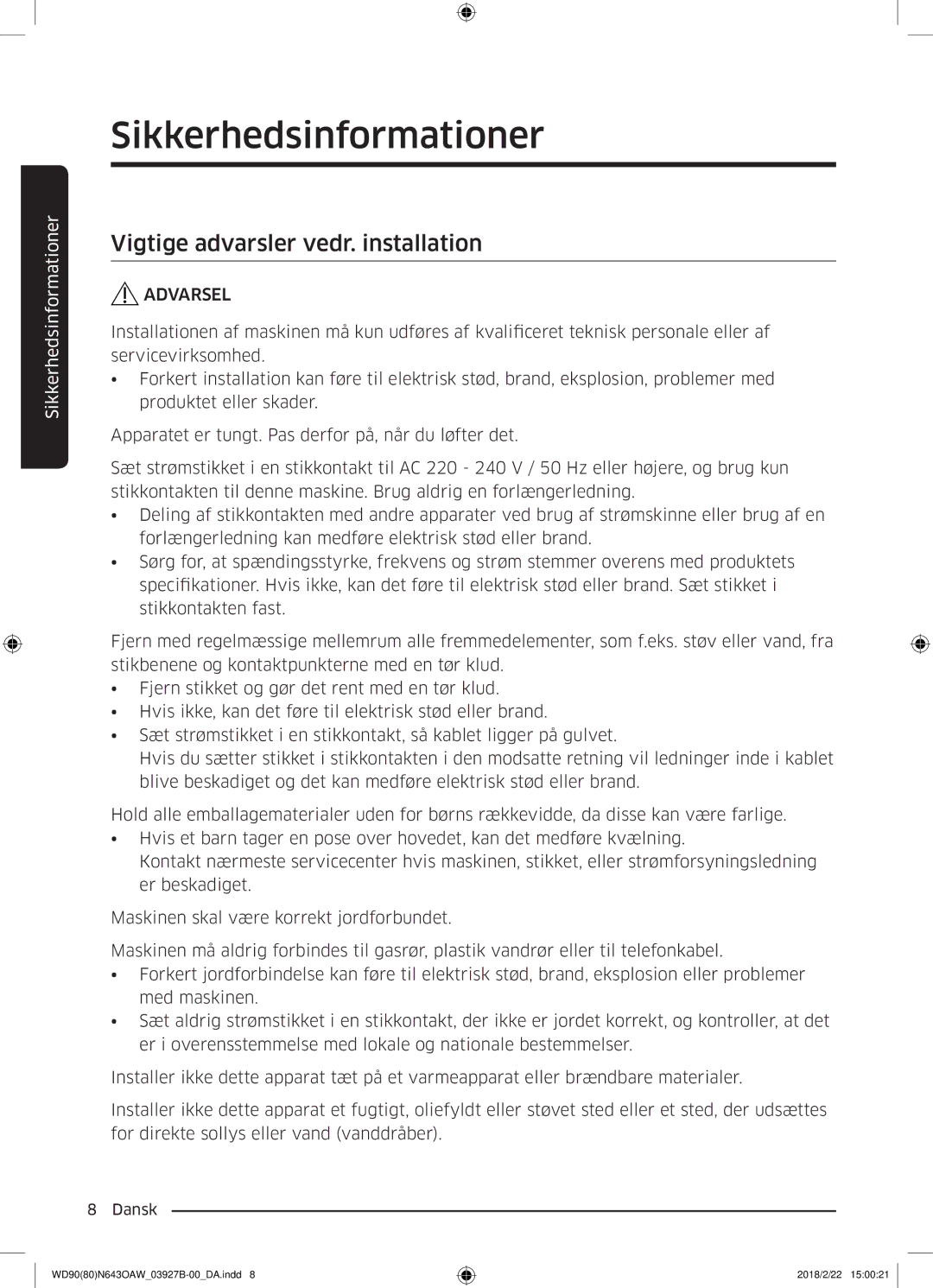 Samsung WD90N643OAW/EE manual Vigtige advarsler vedr. installation 