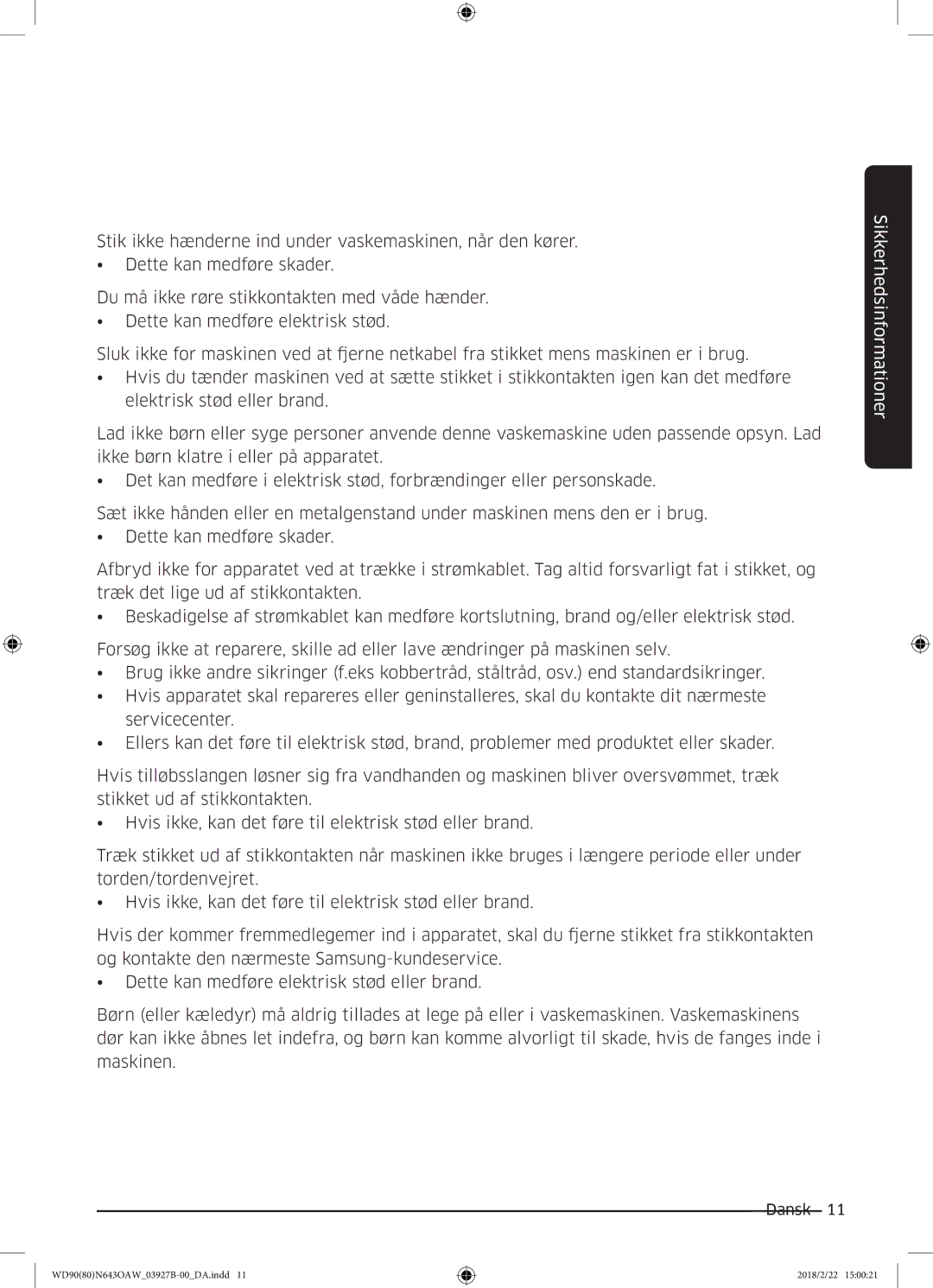 Samsung WD90N643OAW/EE manual Sikkerhedsinformationer 