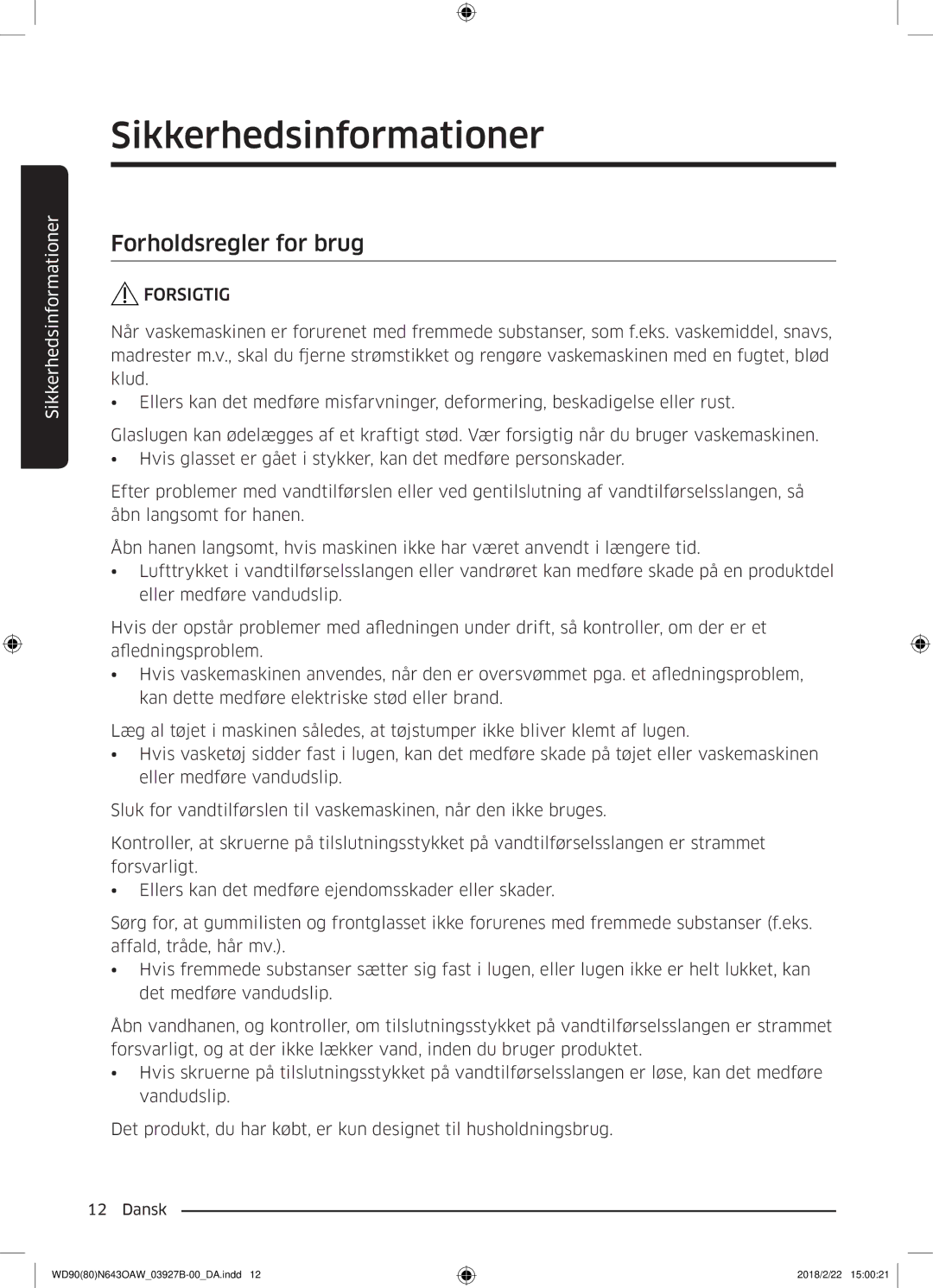 Samsung WD90N643OAW/EE manual Forholdsregler for brug 