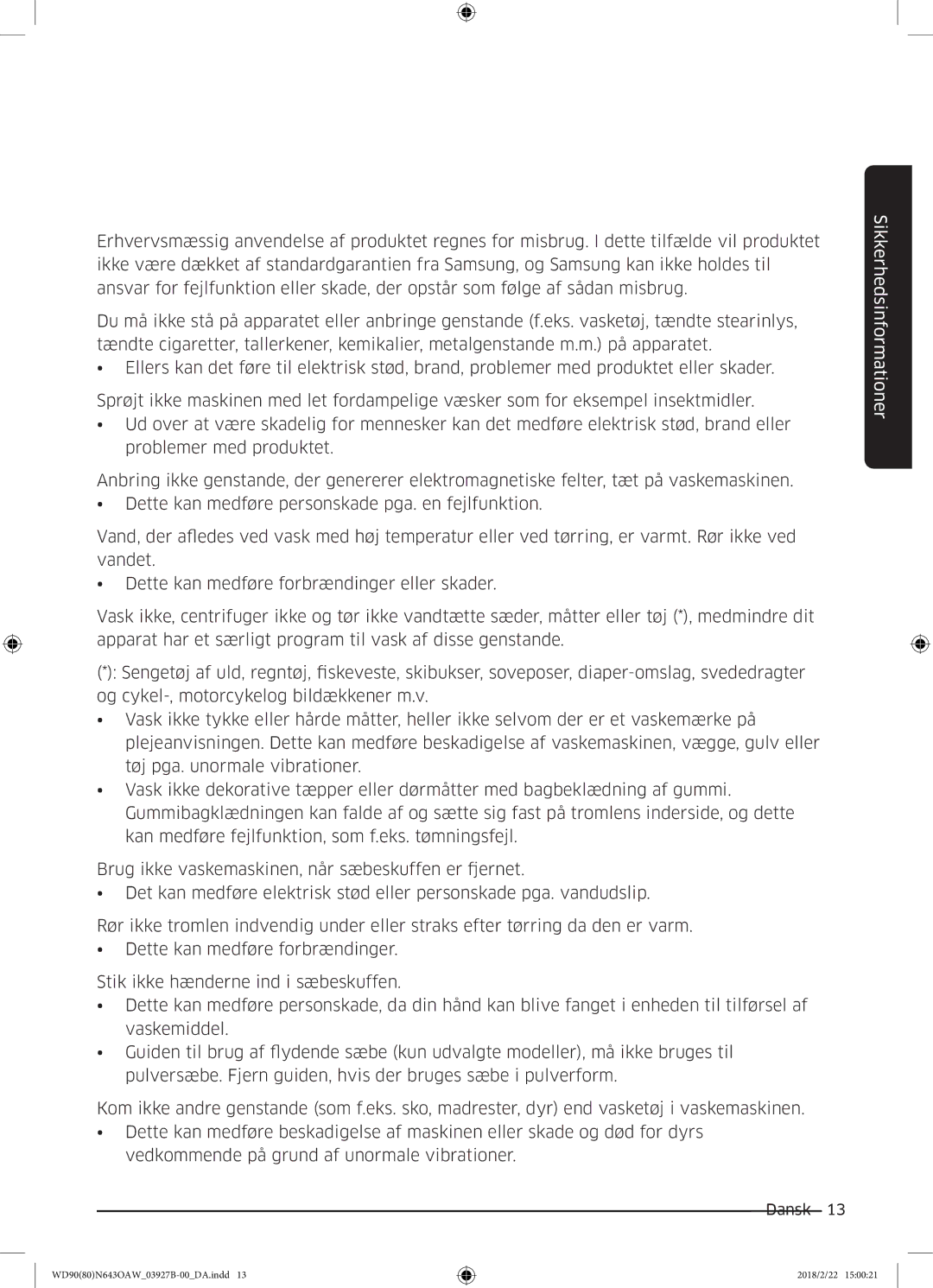 Samsung WD90N643OAW/EE manual Sikkerhedsinformationer 