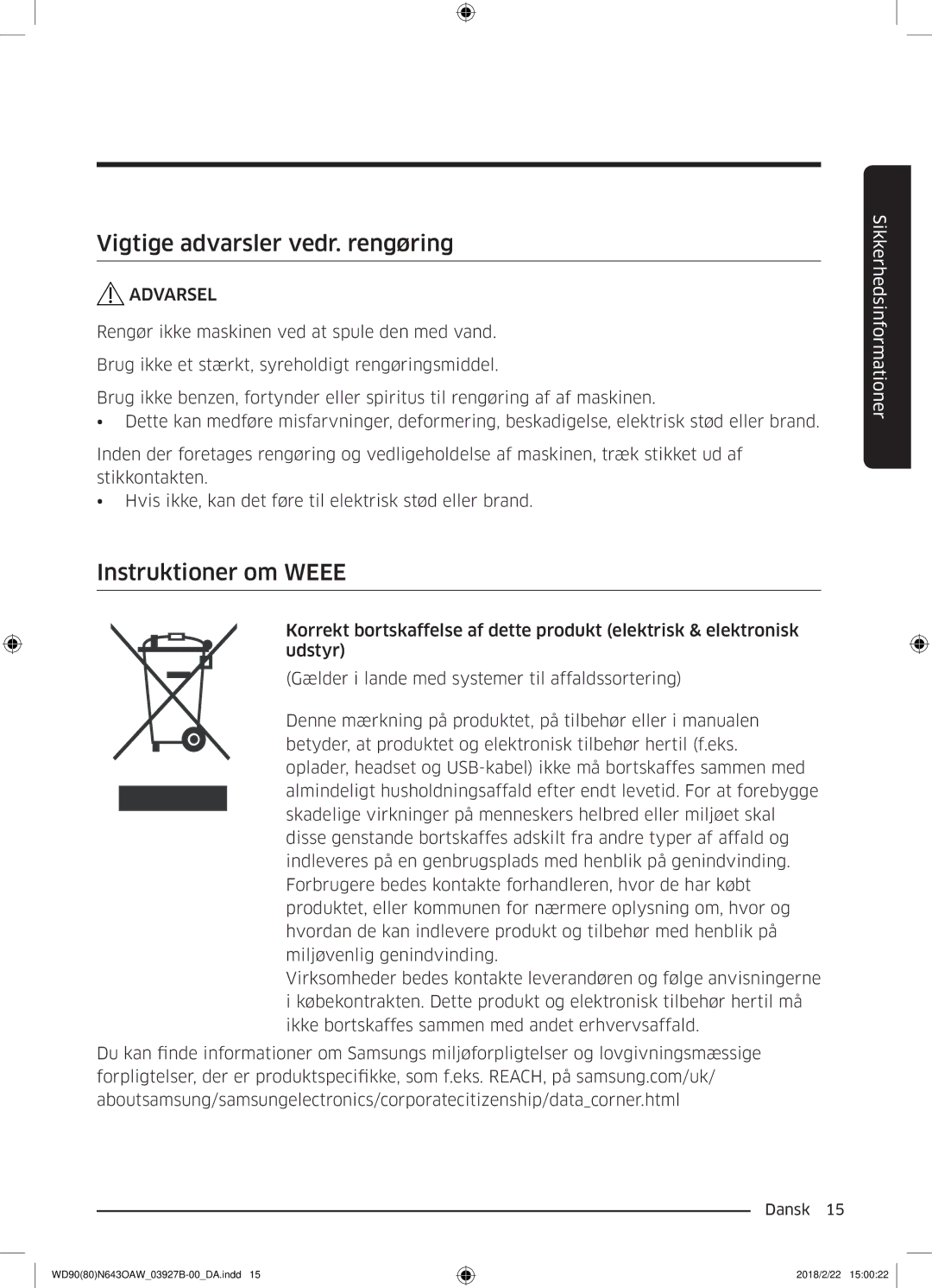 Samsung WD90N643OAW/EE manual Vigtige advarsler vedr. rengøring, Instruktioner om Weee 