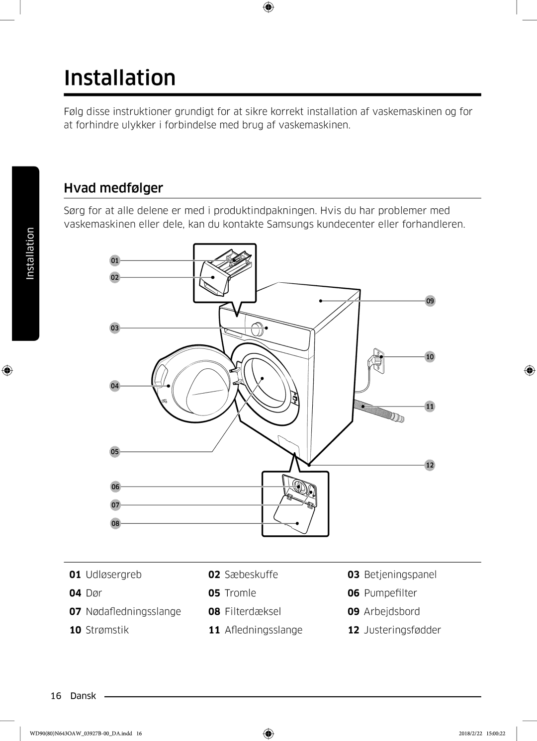 Samsung WD90N643OAW/EE manual Installation, Hvad medfølger 