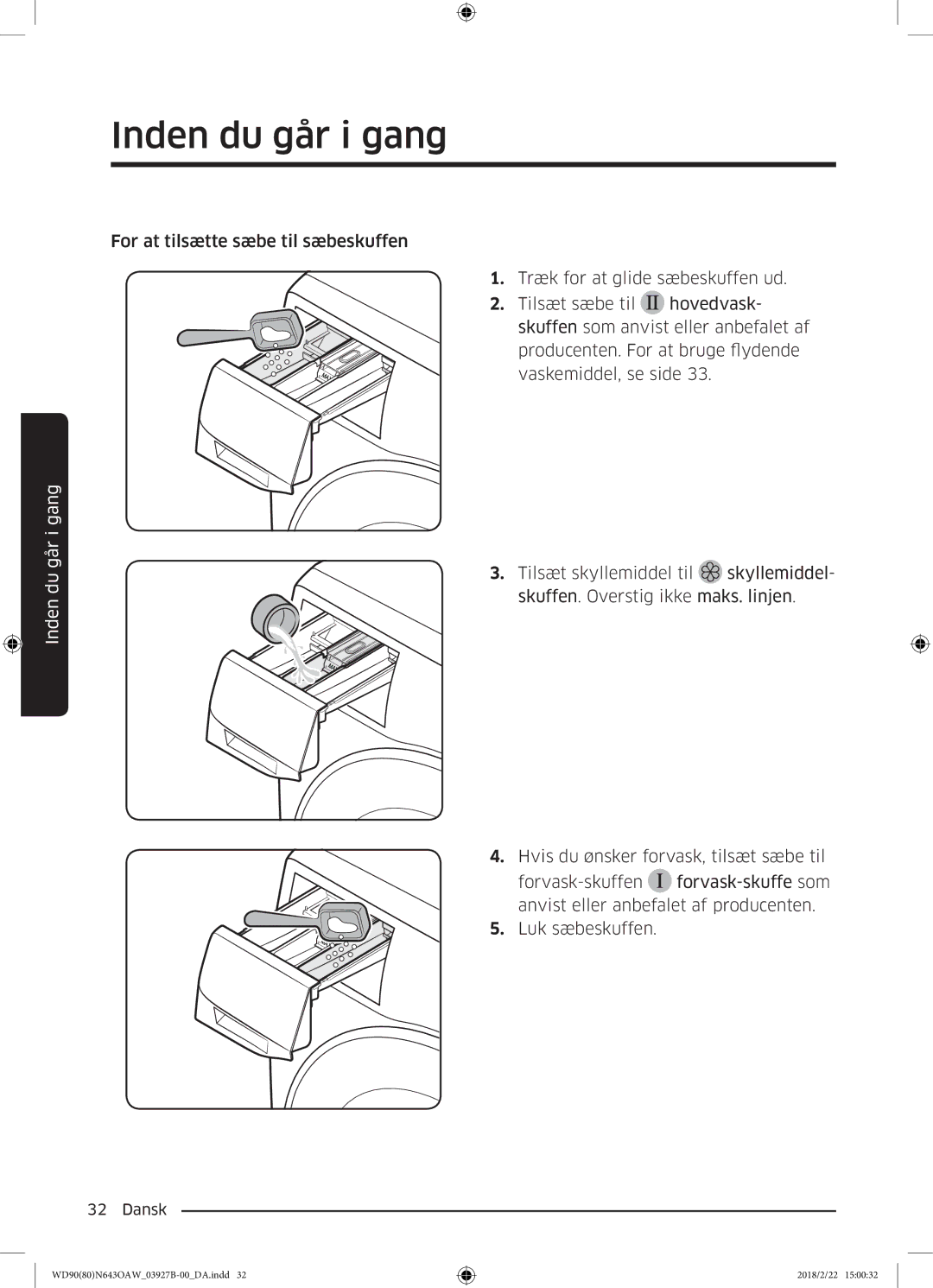 Samsung WD90N643OAW/EE manual Inden du går i gang 