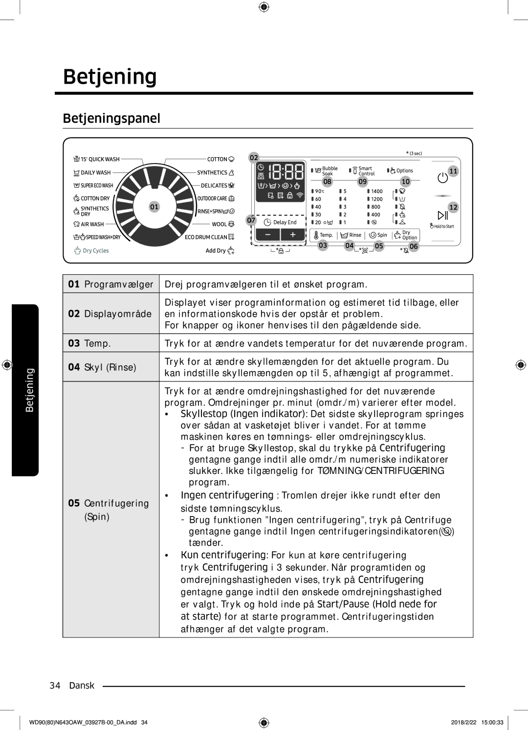 Samsung WD90N643OAW/EE manual Betjeningspanel 